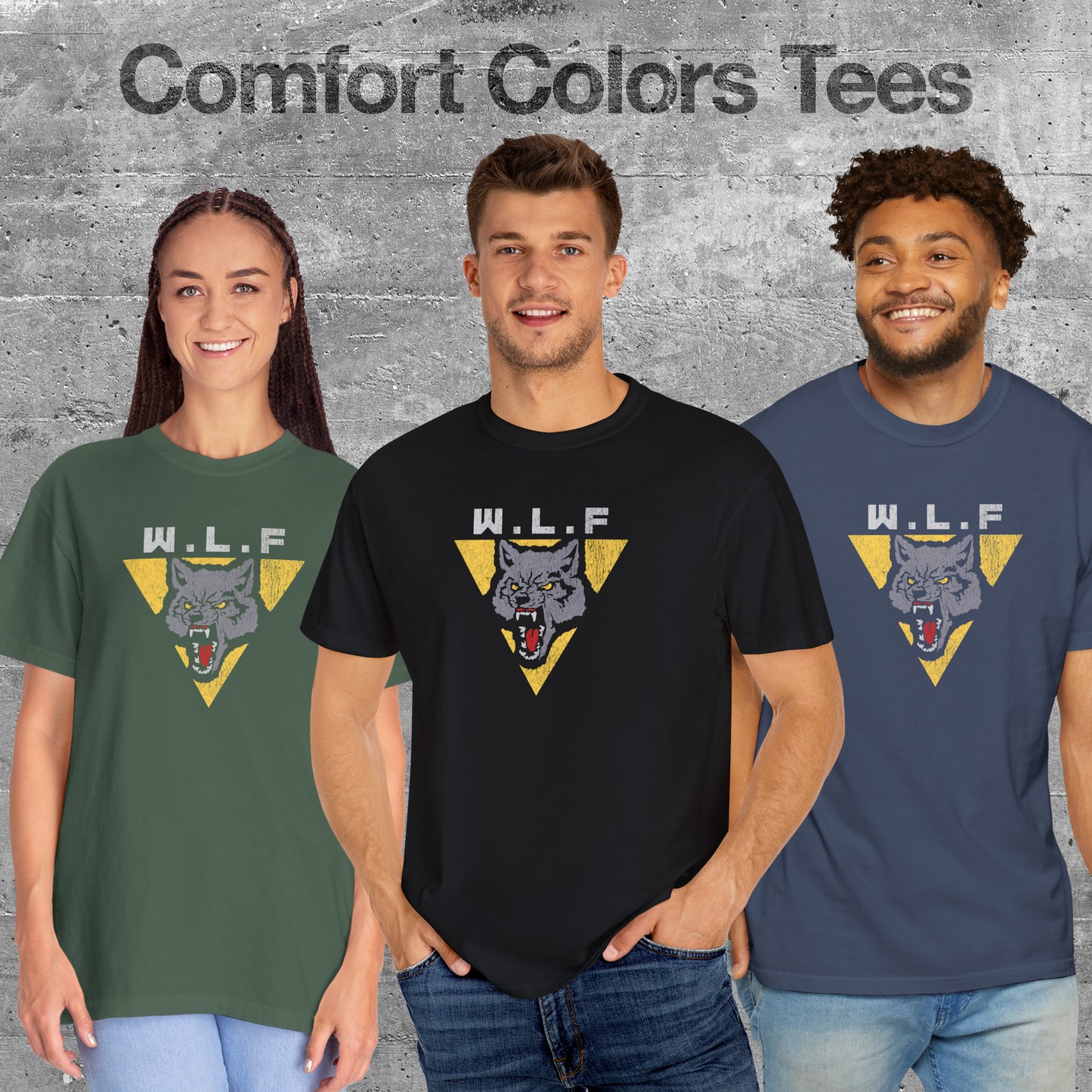 Models wearing t-shirts with distressed WLF logo from The Last of Us, featuring a snarling wolf inside a yellow triangle.