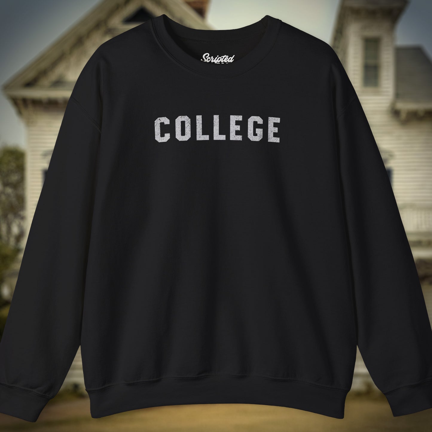 Front view of a black colored soft unisex Gildan 18000 sweatshirt with the word COLLEGE that John Belushi wore in the movie Animal House, in a vintage distressed ink-stamped worn-in style, sold by ScriptedBrand.