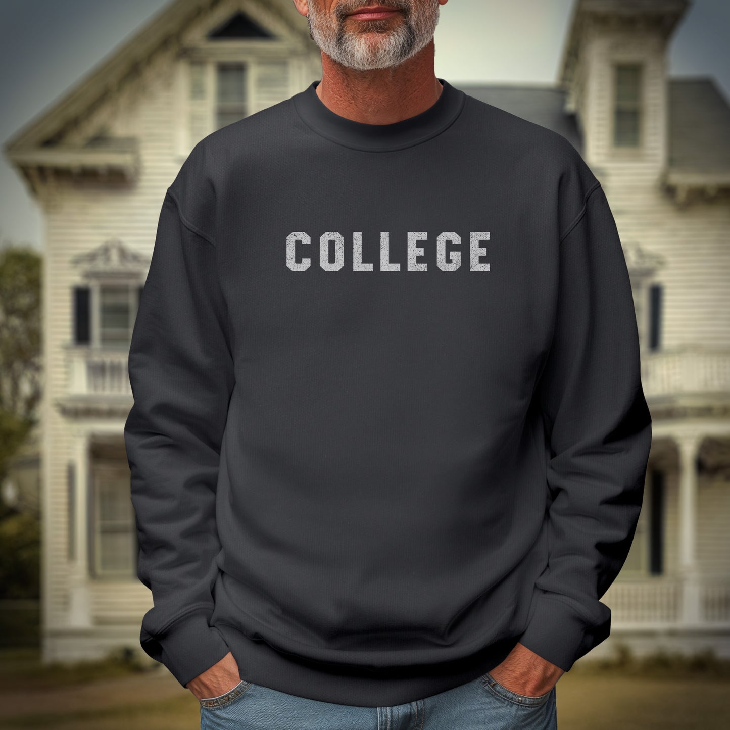 Male model wearing a charcoal gray colored soft unisex Gildan 18000 sweatshirt with the word COLLEGE that John Belushi wore in the movie Animal House, in a vintage distressed ink-stamped worn-in style, sold by ScriptedBrand.