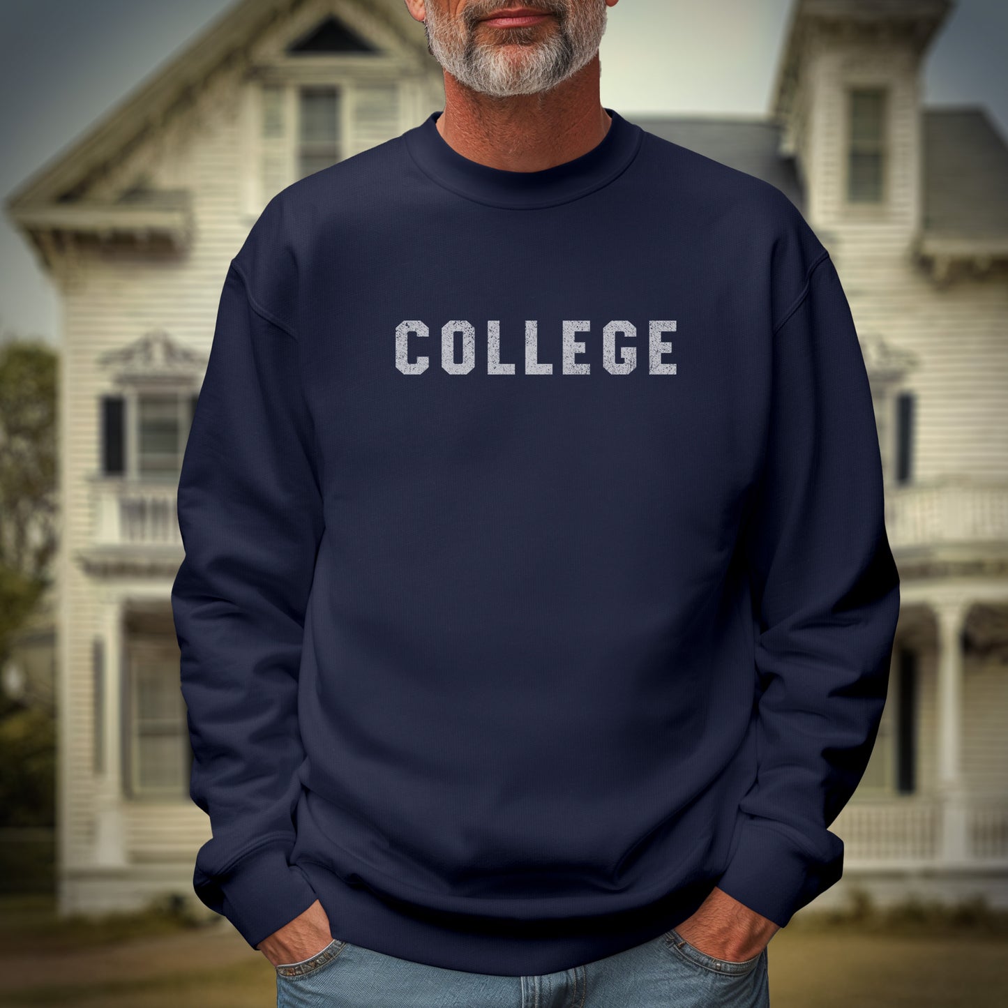 Male model wearing a navy blue colored soft unisex Gildan 18000 sweatshirt with the word COLLEGE that John Belushi wore in the movie Animal House, in a vintage distressed ink-stamped worn-in style, sold by ScriptedBrand.