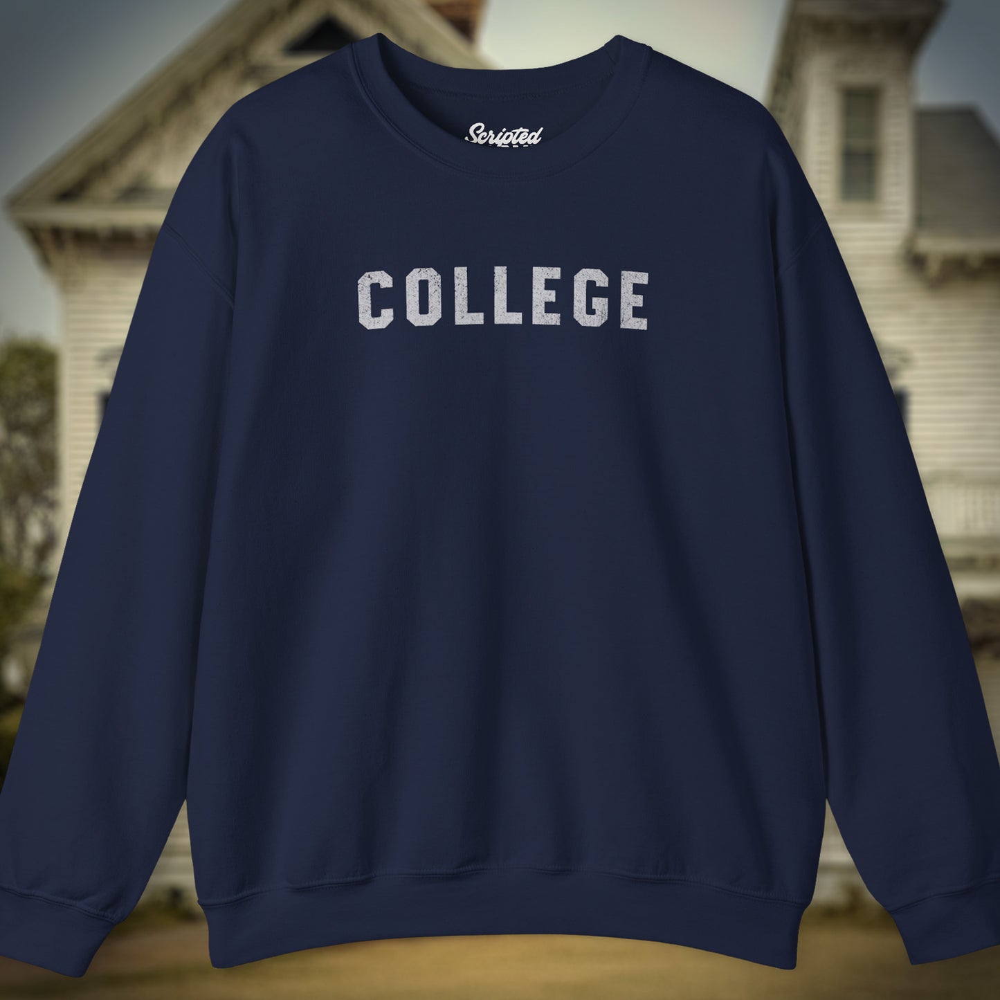 Front view of a navy blue colored soft unisex Gildan 18000 sweatshirt with the word COLLEGE that John Belushi wore in the movie Animal House, in a vintage distressed ink-stamped worn-in style, sold by ScriptedBrand.