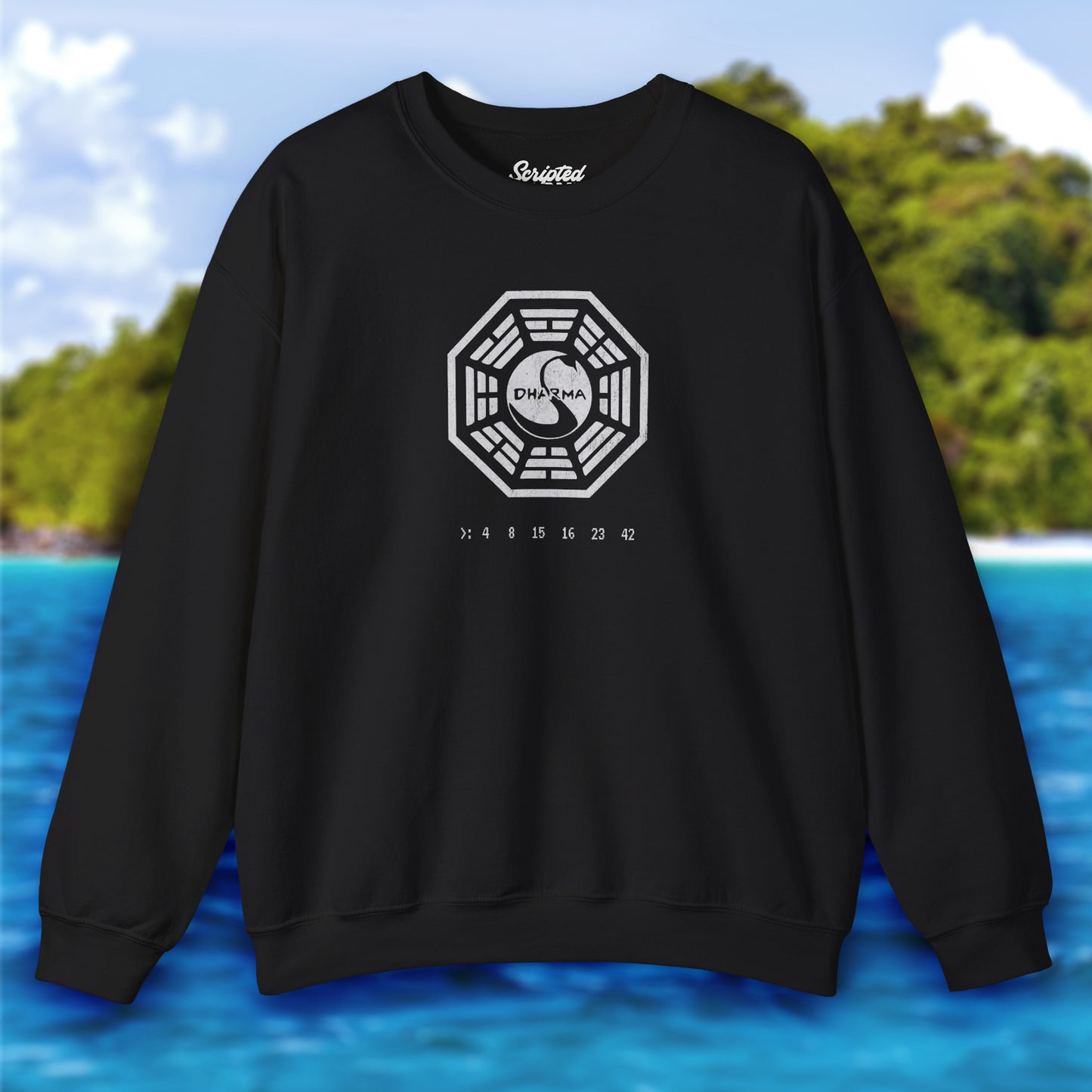 black Soft Gildan 18000 crew neck sweatshirt featuring the Dharma Initiative swan logo graphic from the TV show LOST in a vintage distressed ink-stamped worn-in style.