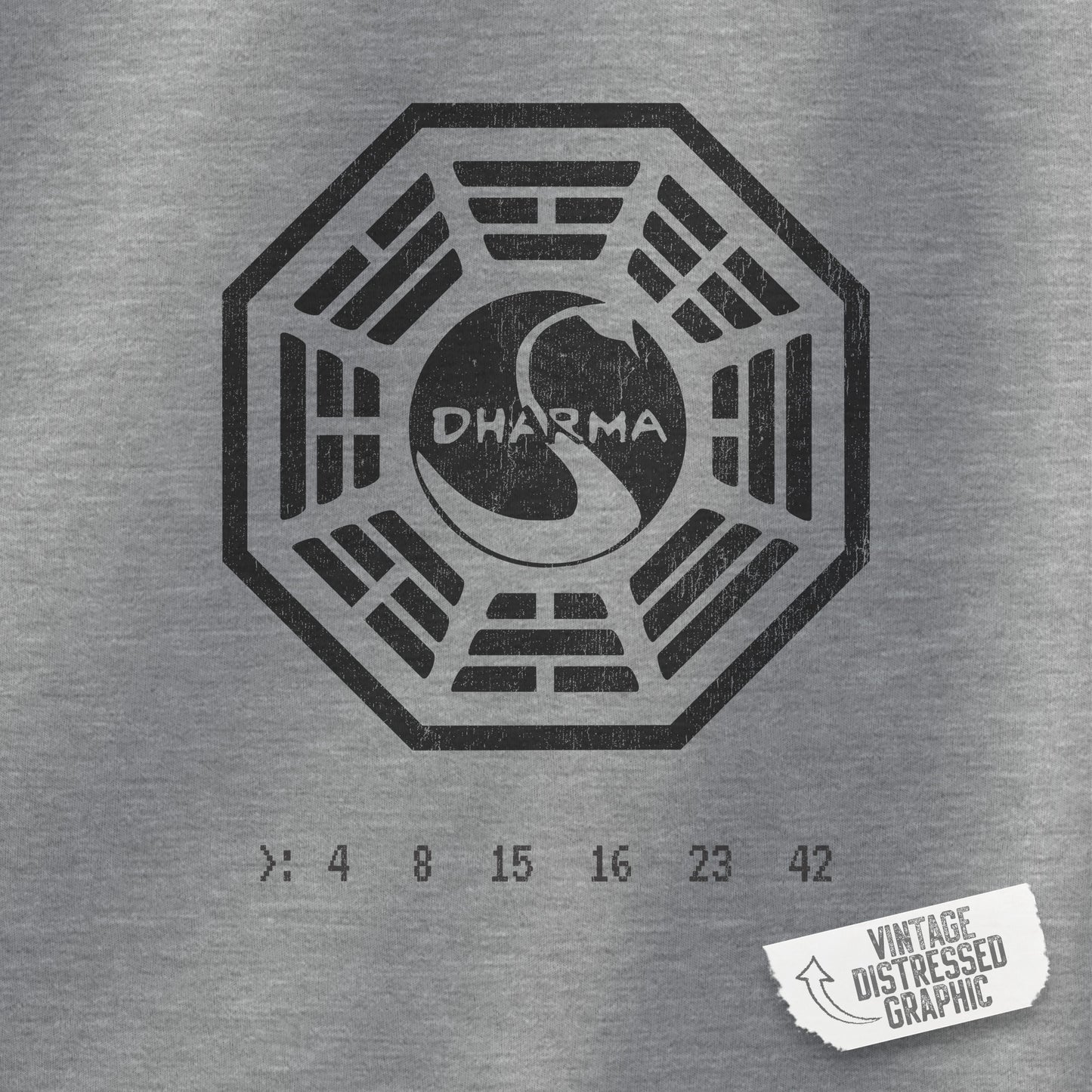 Closeup of a sport heather gray Soft Gildan 18000 crew neck sweatshirt featuring the Dharma Initiative swan logo graphic from the TV show LOST in a vintage distressed ink-stamped worn-in style.