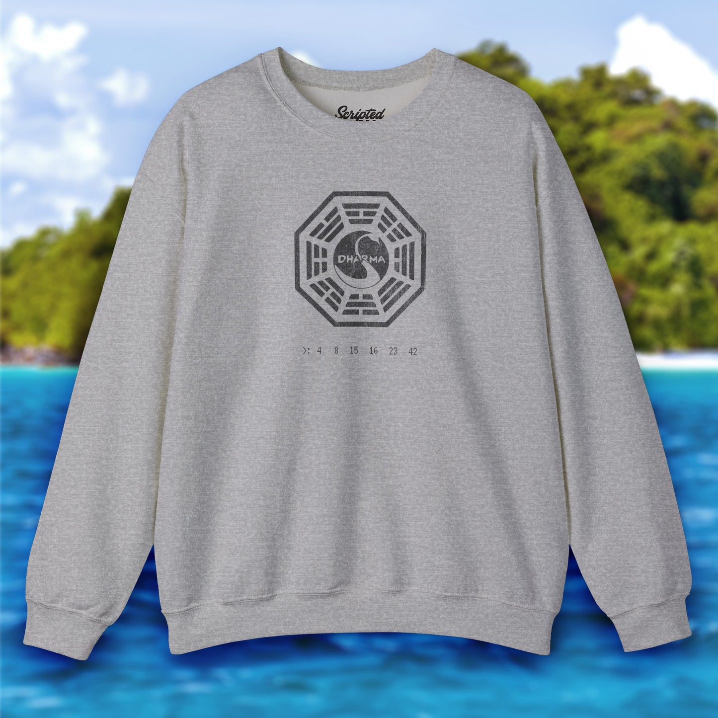 sport heather gray Soft Gildan 18000 crew neck sweatshirt featuring the Dharma Initiative swan logo graphic from the TV show LOST in a vintage distressed ink-stamped worn-in style.