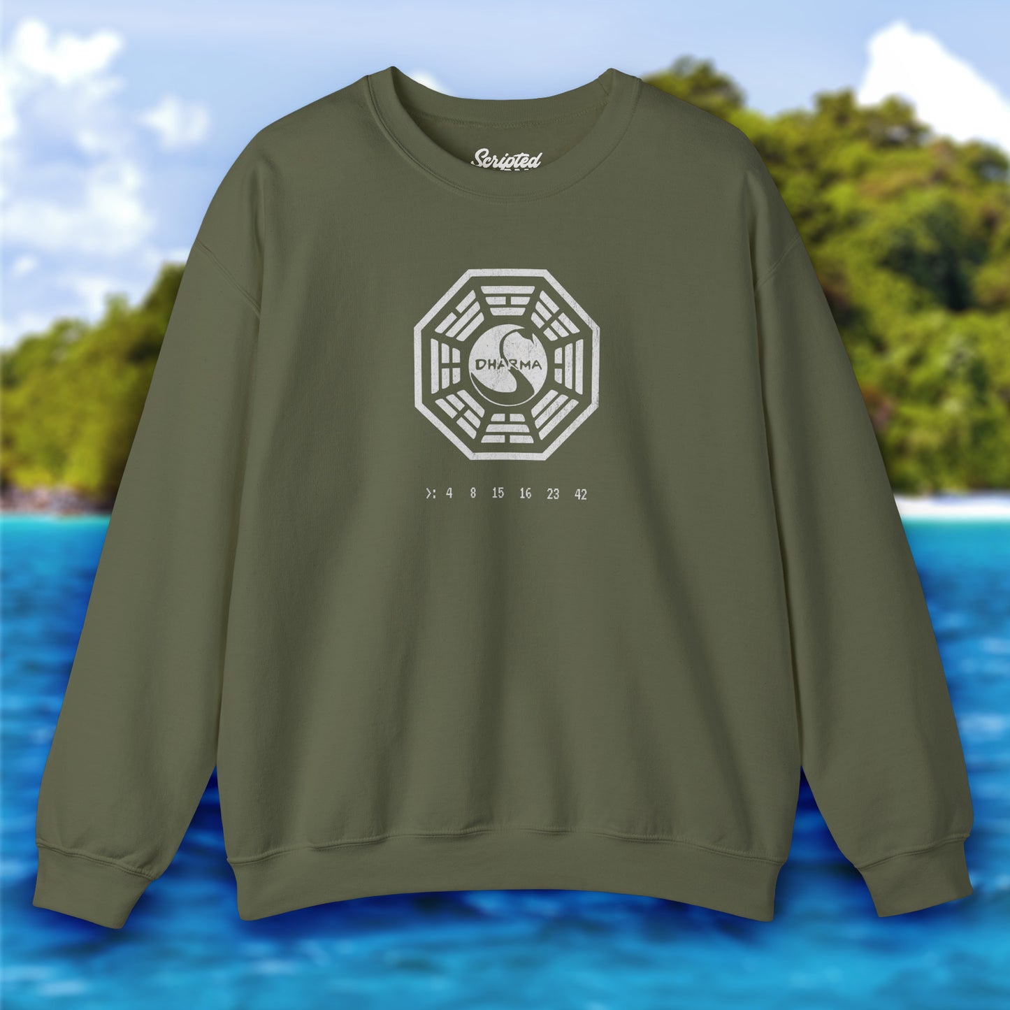 military green Soft Gildan 18000 crew neck sweatshirt featuring the Dharma Initiative swan logo graphic from the TV show LOST in a vintage distressed ink-stamped worn-in style.