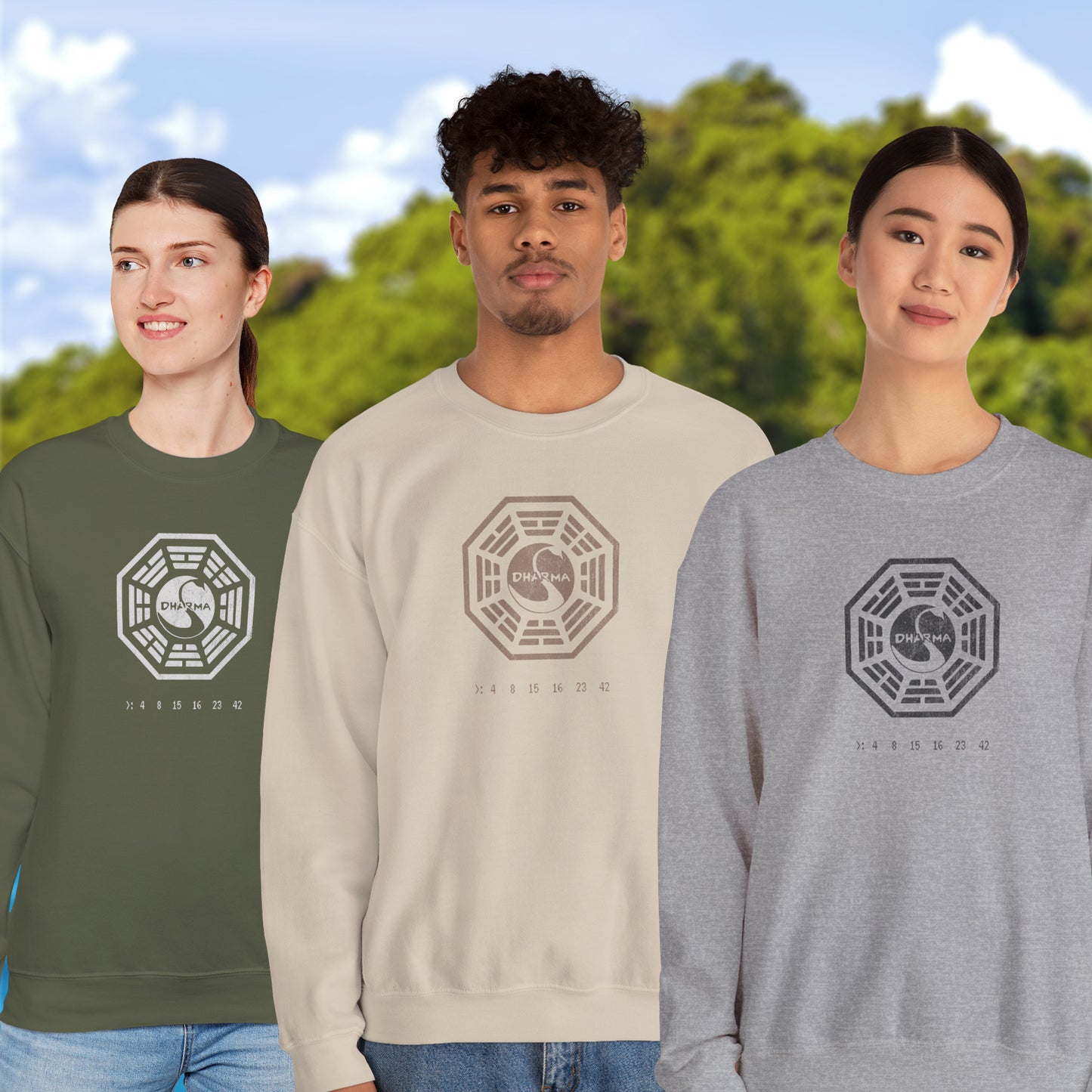 3 models wearing Soft Gildan 18000 crew neck sweatshirts featuring the Dharma Initiative swan logo graphic from the TV show LOST in a vintage distressed ink-stamped worn-in style.