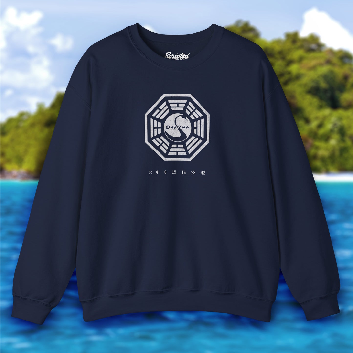 navy blue Soft Gildan 18000 crew neck sweatshirt featuring the Dharma Initiative swan logo graphic from the TV show LOST in a vintage distressed ink-stamped worn-in style.