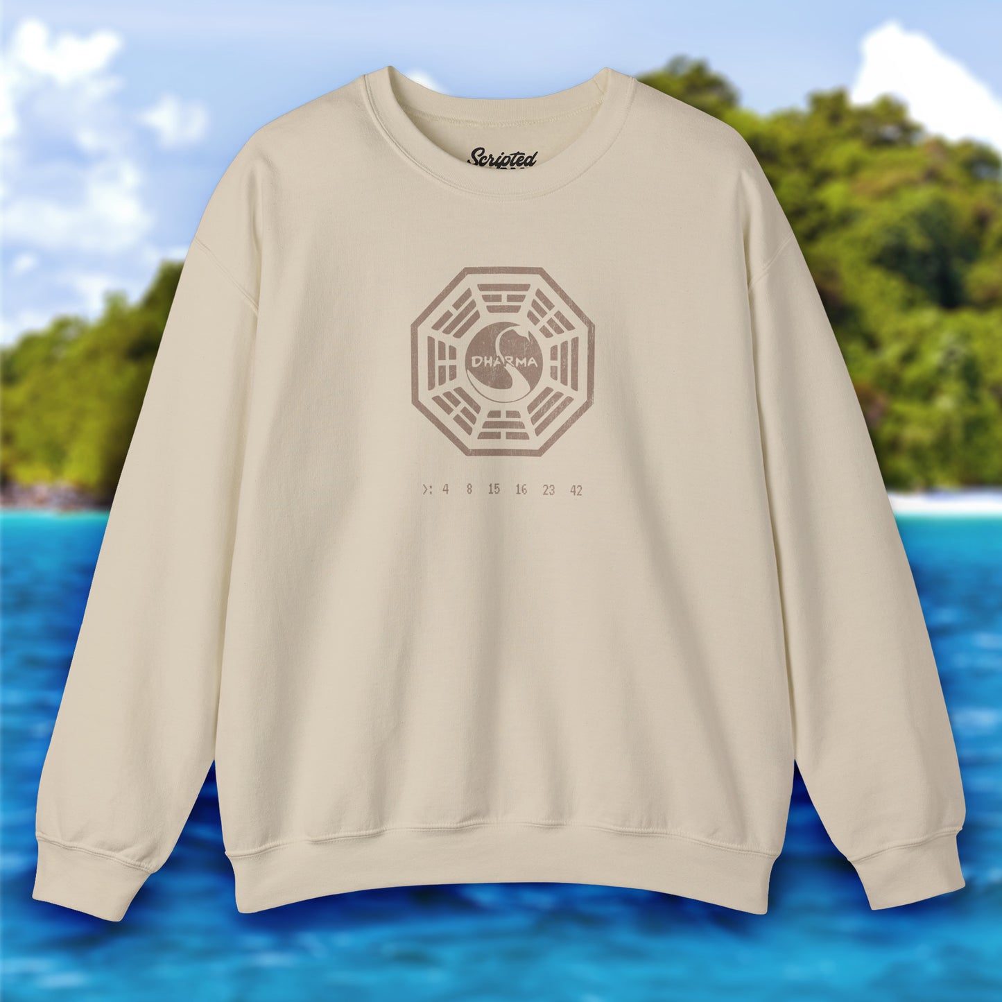 Sand colored Soft Gildan 18000 crew neck sweatshirt featuring the Dharma Initiative swan logo graphic from the TV show LOST in a vintage distressed ink-stamped worn-in style.