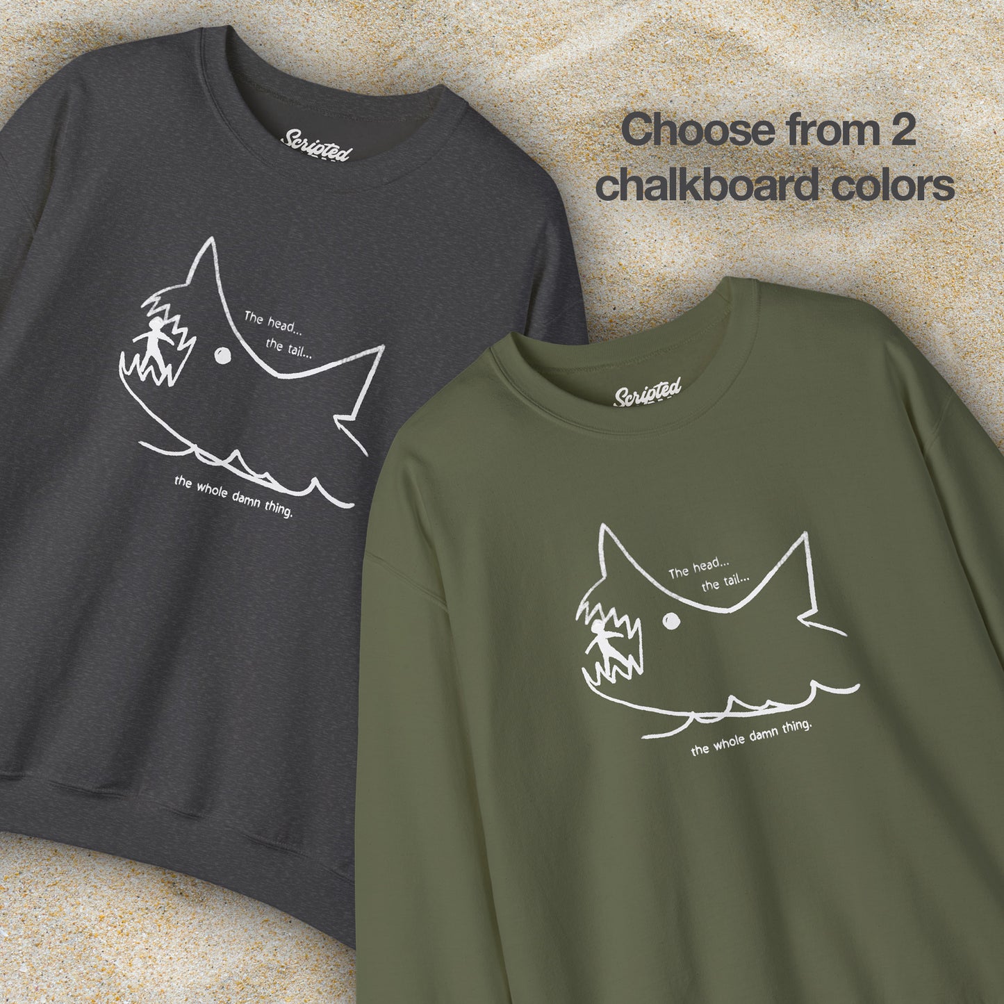 Front view of Military Green and dark heather Gildan 18000 sweatshirts with the chalkboard drawing by Quint in the movie Jaws.
