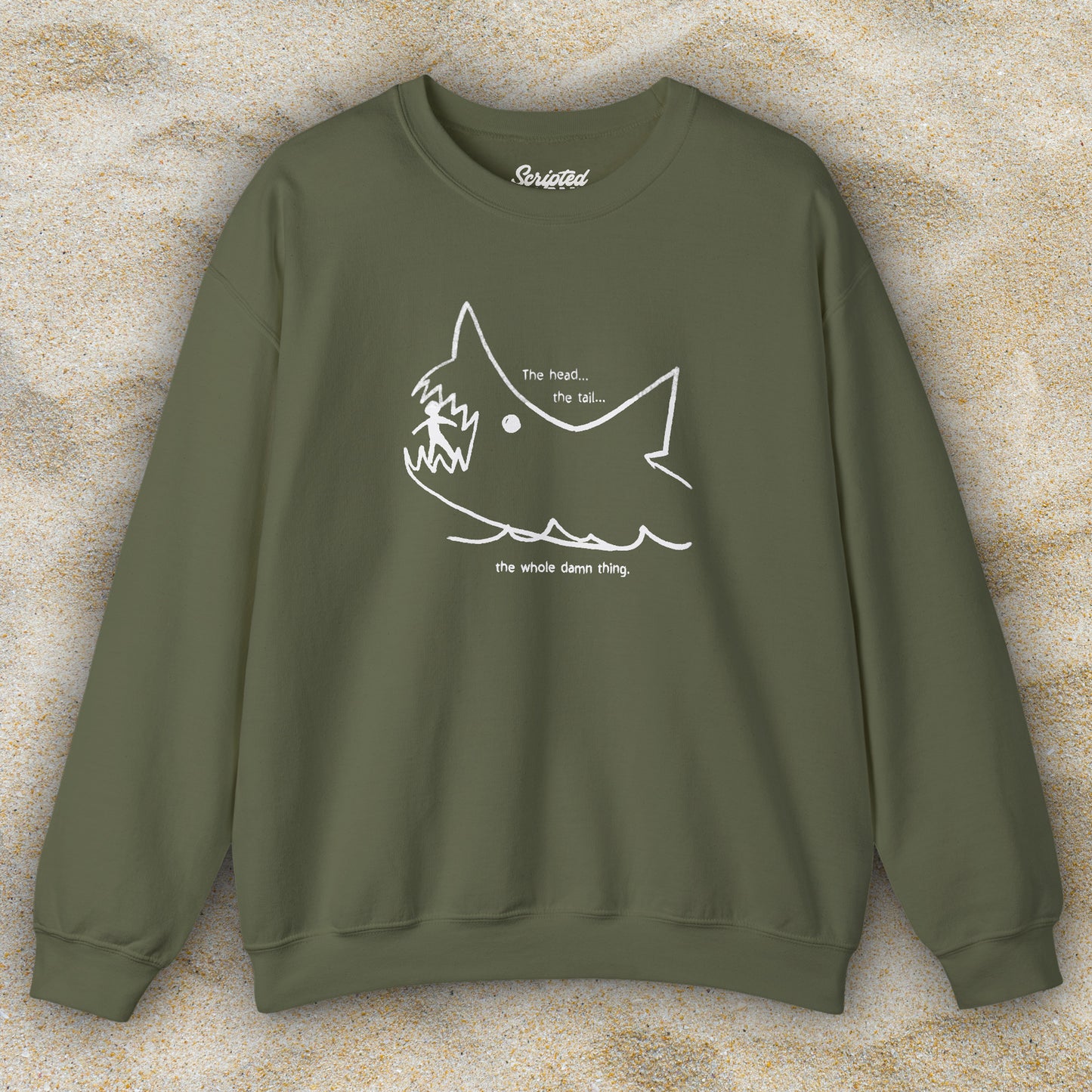 Front view of Military Green Gildan 18000 sweatshirt with the chalkboard drawing by Quint in the movie Jaws.