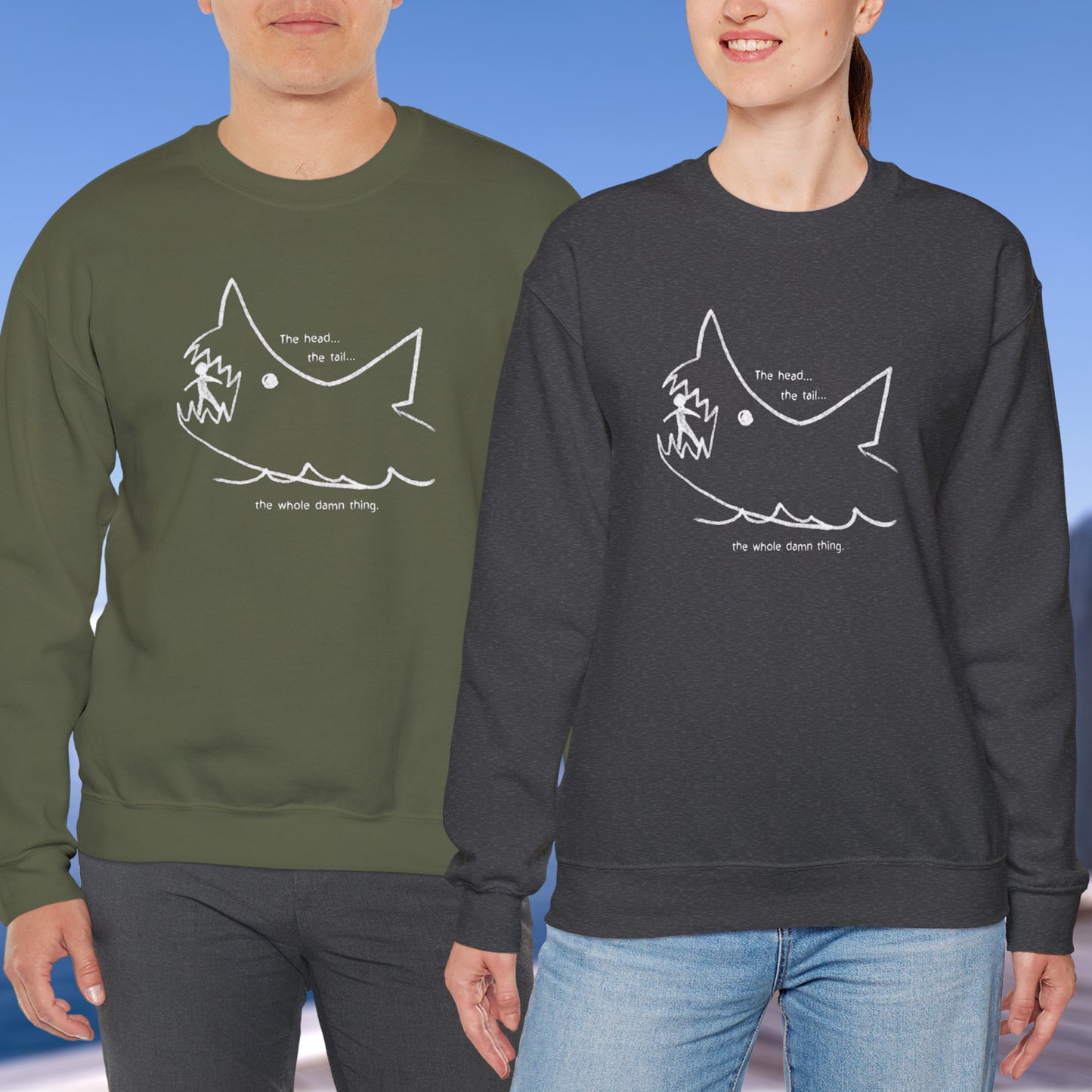 2 models wearing of Military Green and dark heather Gildan 18000 sweatshirts with the chalkboard drawing by Quint in the movie Jaws.