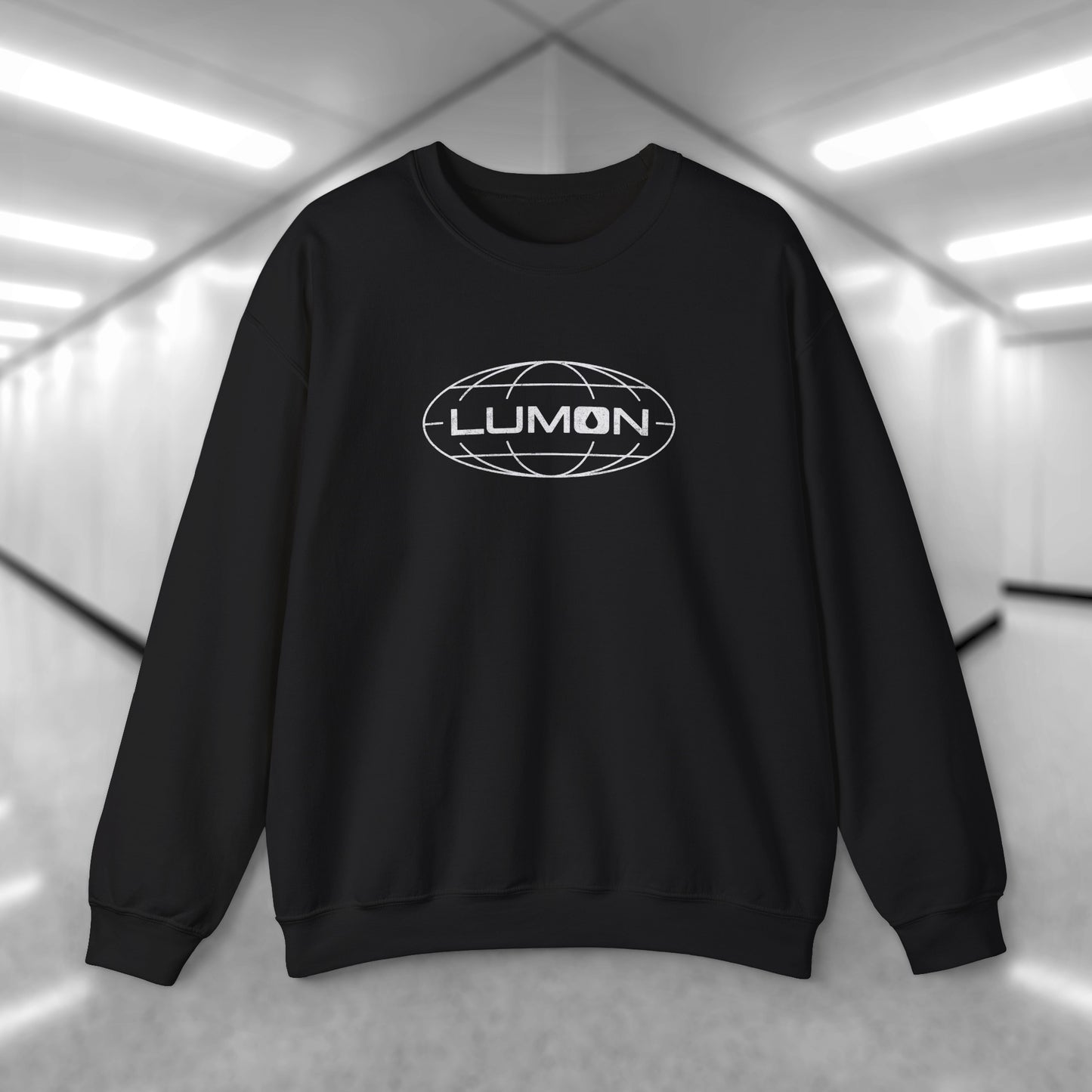 Front view of a black Soft Gildan 18000 crew neck sweatshirt featuring the Lumon Industries logo from the Apple TV show Severance in a vintage distressed style.