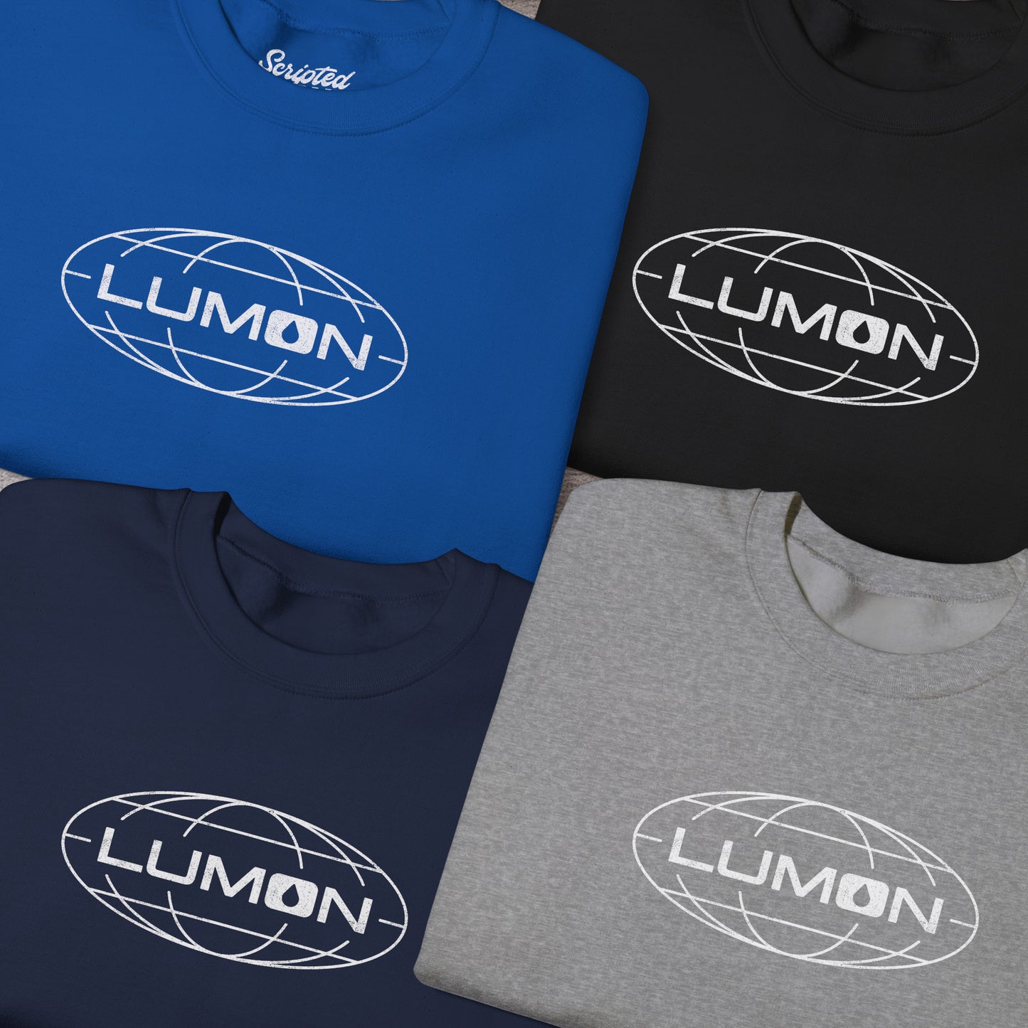 Group of 4 folded Gildan 18000 crew neck sweatshirts featuring the Lumon Industries logo from the Apple TV show Severance in a vintage distressed style.