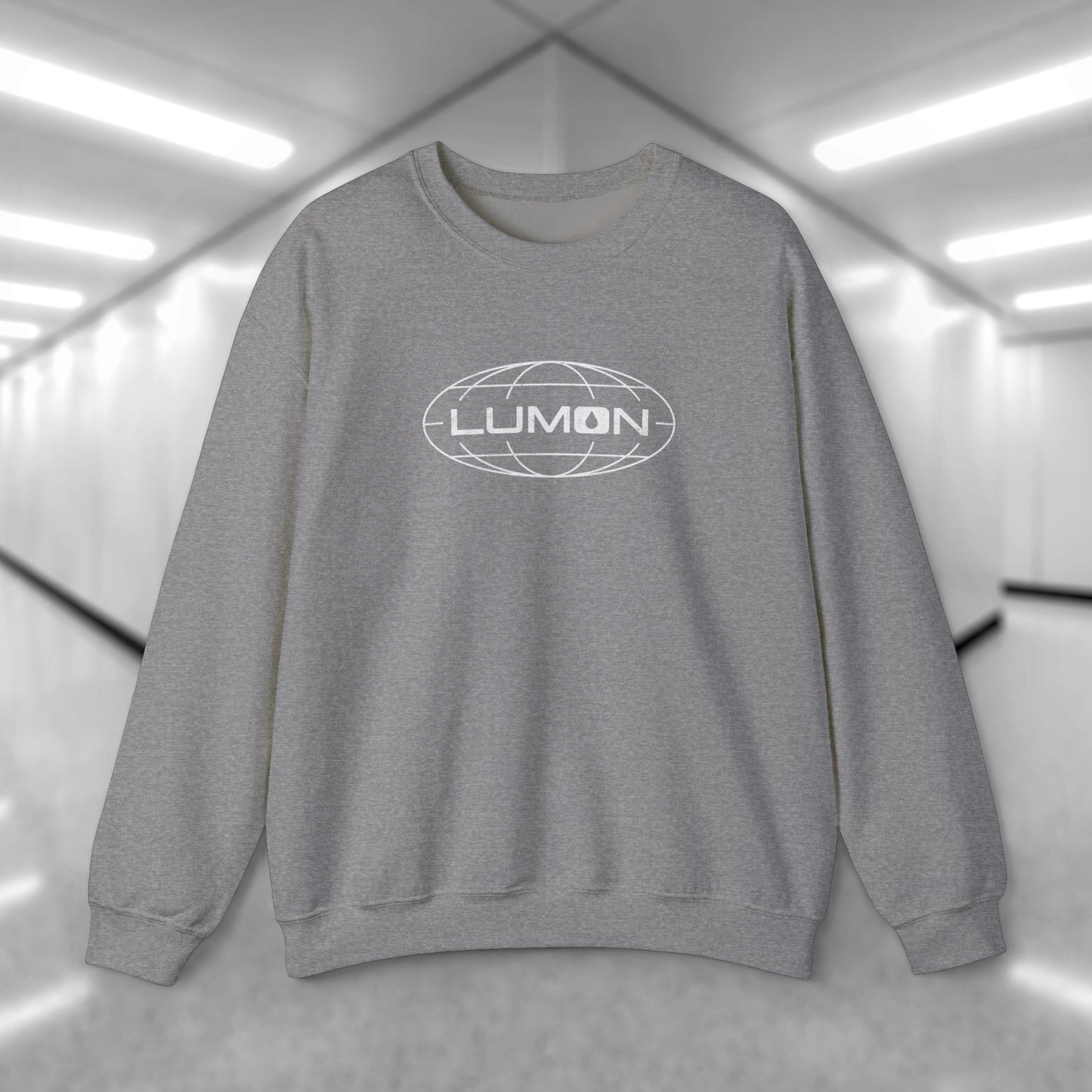 Front view of a heather gray Soft Gildan 18000 crew neck sweatshirt featuring the Lumon Industries logo from the Apple TV show Severance in a vintage distressed style.