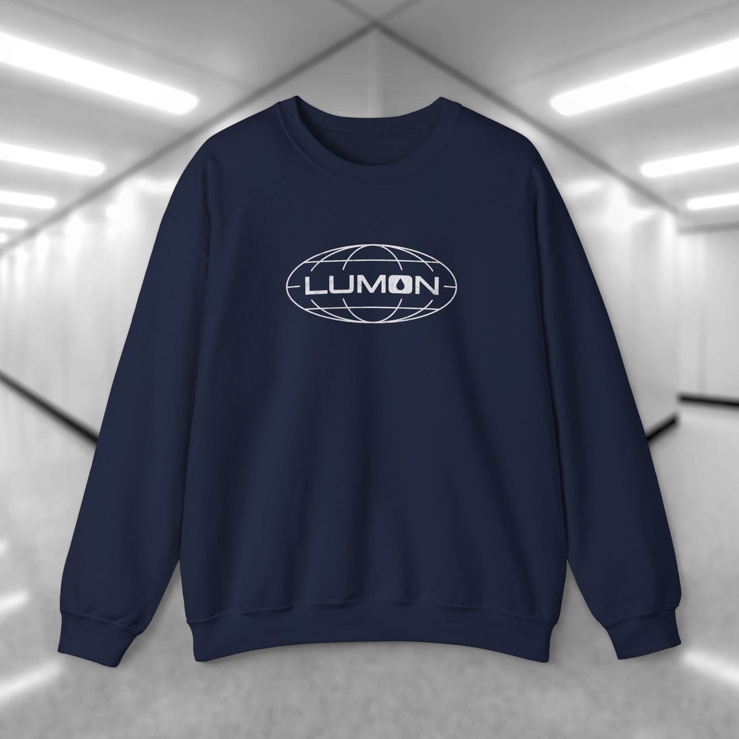 Front view of a navy blue Soft Gildan 18000 crew neck sweatshirt featuring the Lumon Industries logo from the Apple TV show Severance in a vintage distressed style.