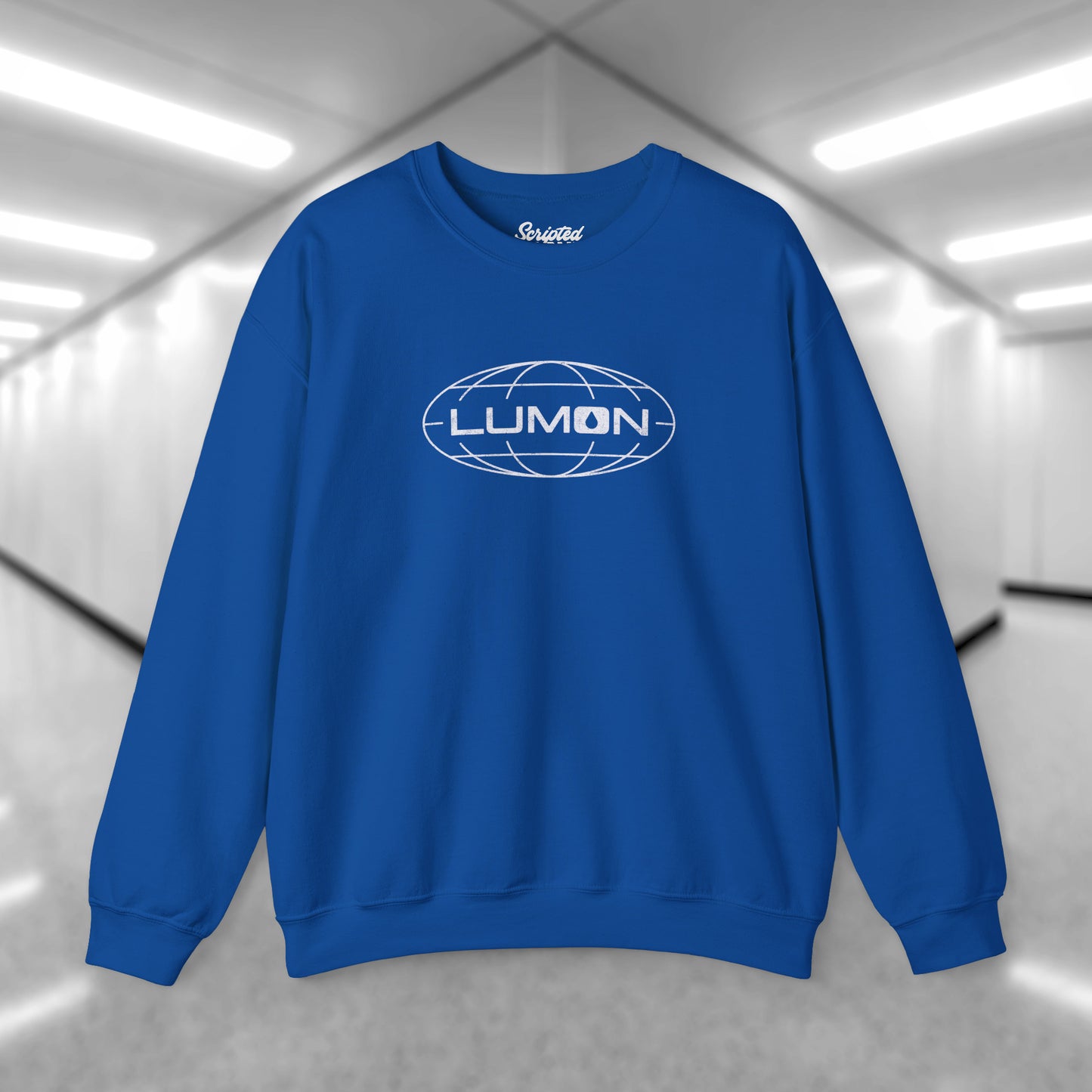 Front view of a royal blue Soft Gildan 18000 crew neck sweatshirt featuring the Lumon Industries logo from the Apple TV show Severance in a vintage distressed style.