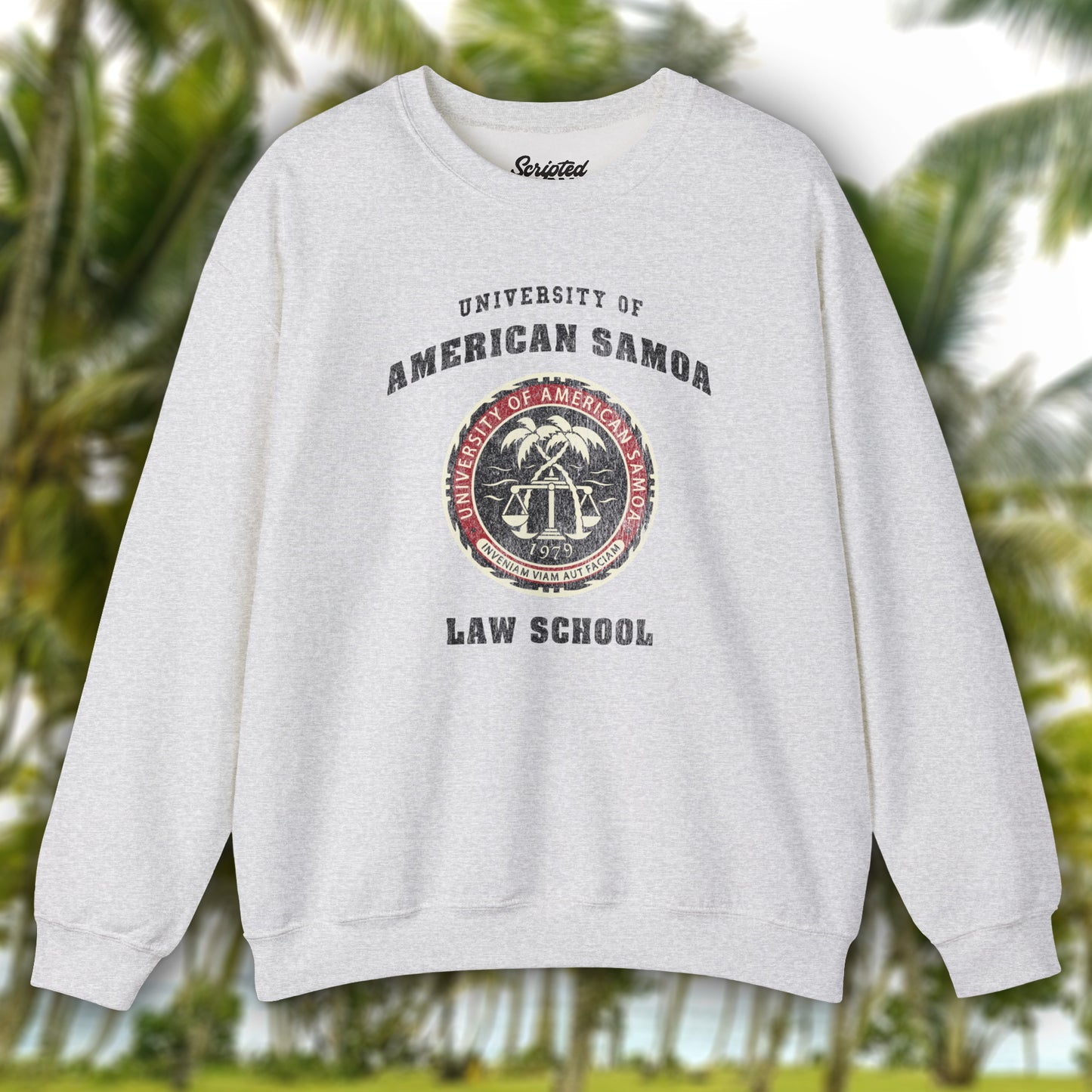 Ash sweatshirt with the University of American Samoa Law School logo worn by Jimmy McGill in the show Better Call Saul in a vintage distressed style.