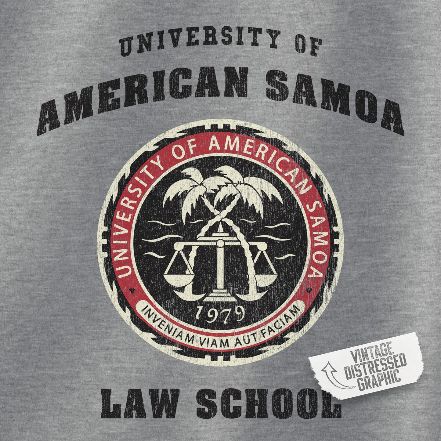 Closeup of University of American Samoa Law School logo on a gray sweatshirt fabric
