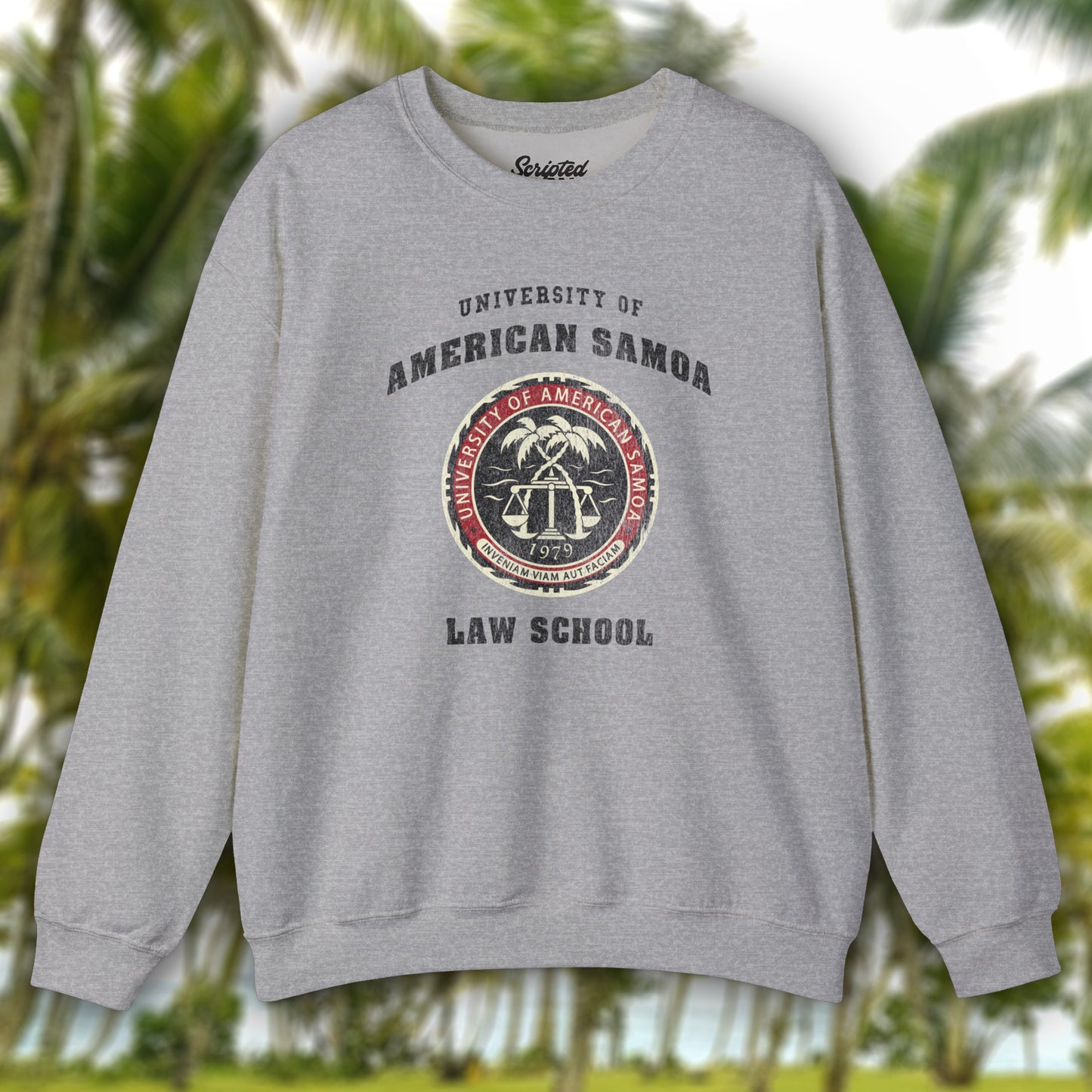 Sport Heather Gray sweatshirt with the University of American Samoa Law School logo worn by Jimmy McGill in the show Better Call Saul in a vintage distressed style.