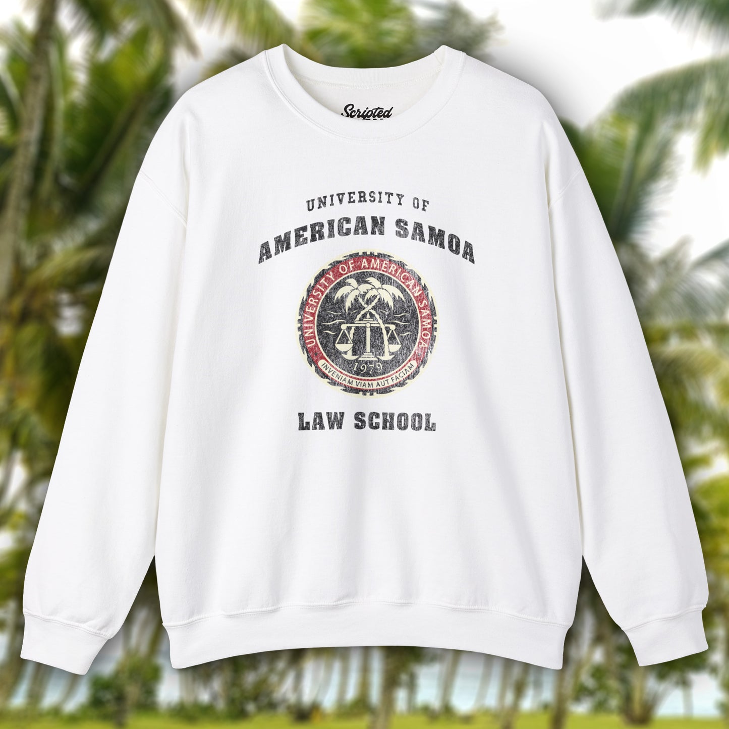 White sweatshirt with the University of American Samoa Law School logo worn by Jimmy McGill in the show Better Call Saul in a vintage distressed style.