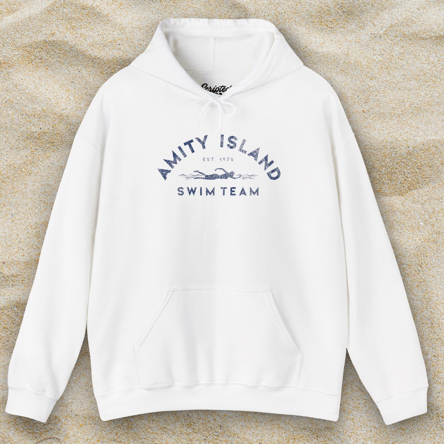 Front view of a white colored Soft Unisex Hoodie Heavy Blend Hooded Sweatshirt featuring an Amity Island Swim Team logo graphic, designed by ScriptedBrand, and inspired by the movie Jaws in a vintage distressed style.