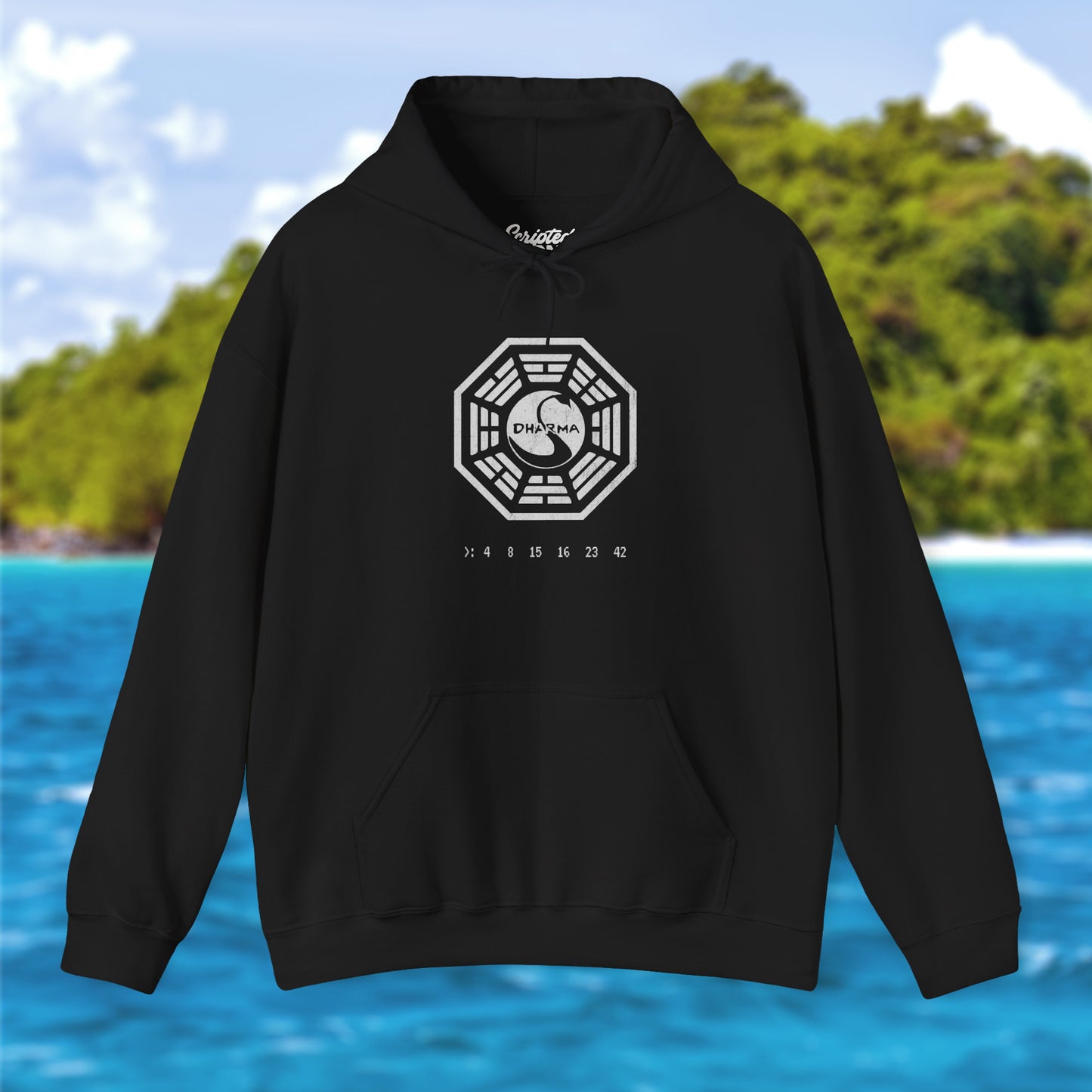 Black Soft Unisex Hoodie Heavy Blend Hooded Sweatshirt featuring the Dharma Initiative swan logo graphic from the TV show LOST in a vintage distressed ink-stamped worn-in style.