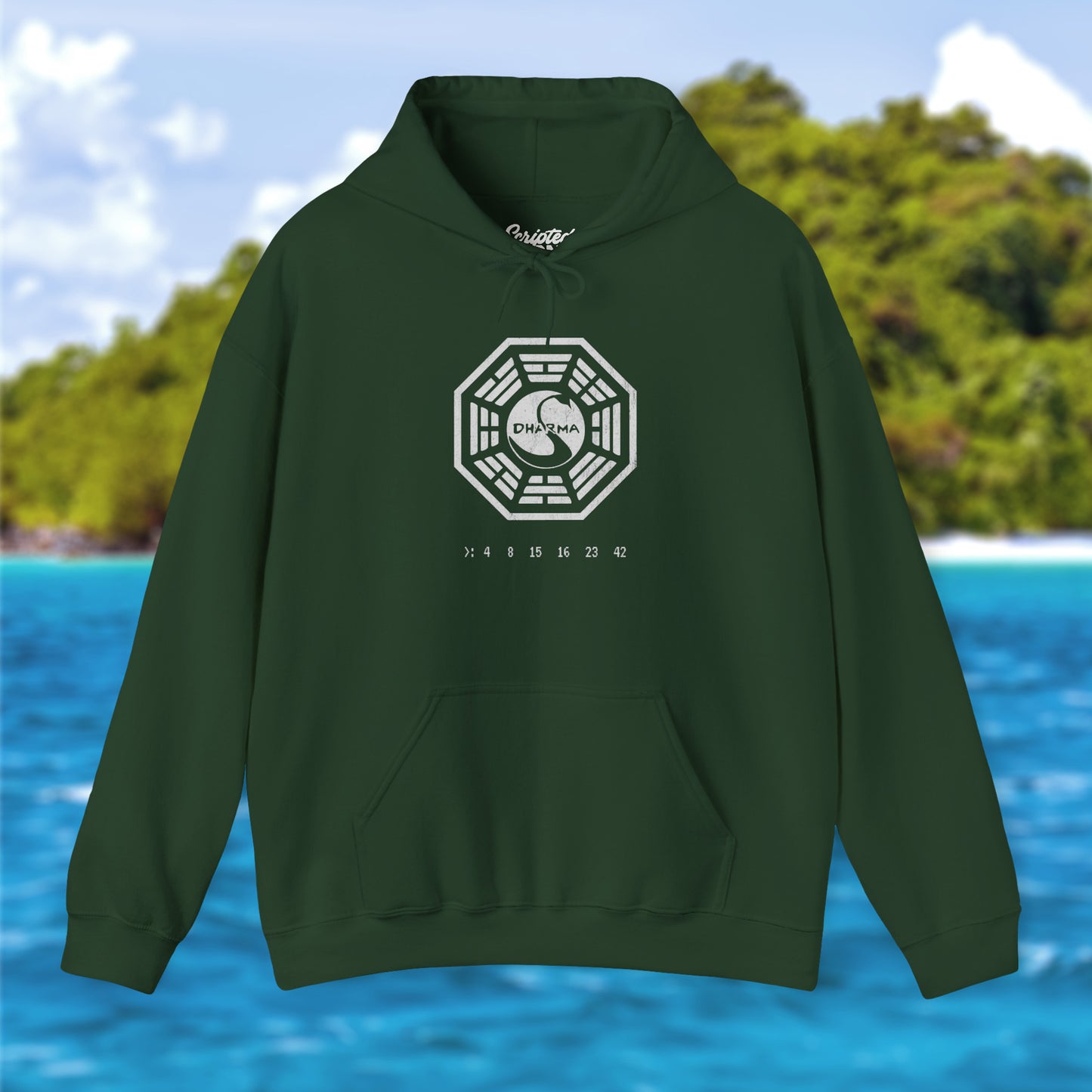 Forest green Soft Unisex Hoodie Heavy Blend Hooded Sweatshirt featuring the Dharma Initiative swan logo graphic from the TV show LOST in a vintage distressed ink-stamped worn-in style.