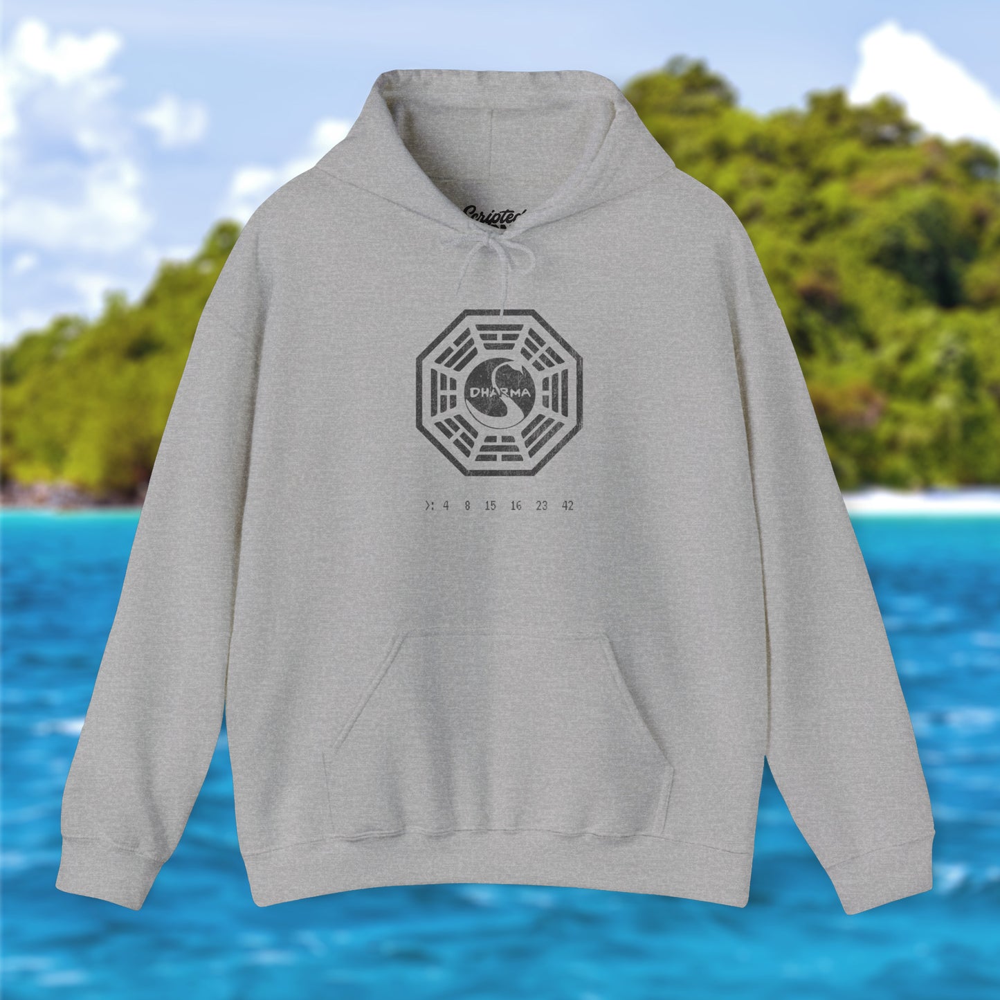 Sport heather gray Soft Unisex Hoodie Heavy Blend Hooded Sweatshirt featuring the Dharma Initiative swan logo graphic from the TV show LOST in a vintage distressed ink-stamped worn-in style.