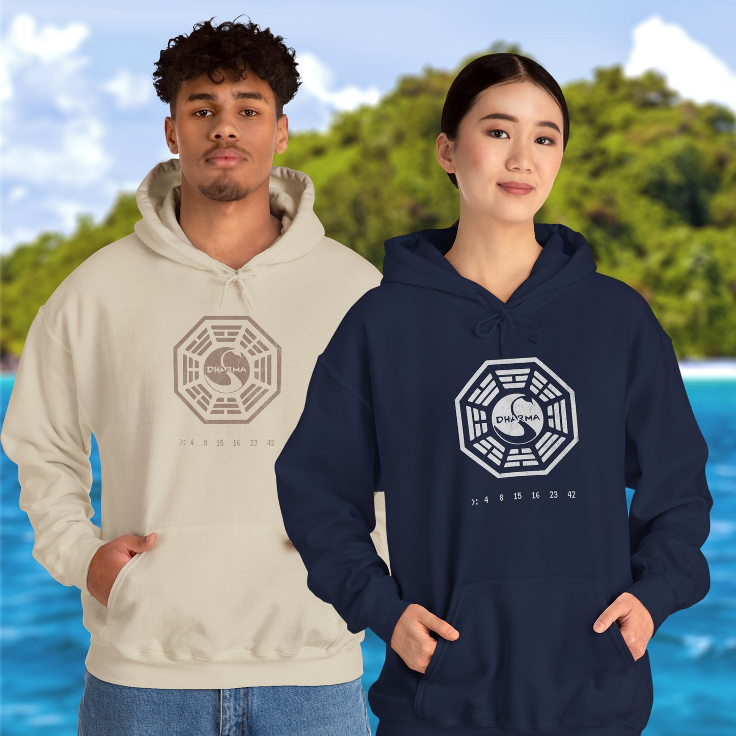 2 models wearing Soft Unisex Hoodie Heavy Blend Hooded Sweatshirts featuring the Dharma Initiative swan logo graphic from the TV show LOST in a vintage distressed ink-stamped worn-in style.