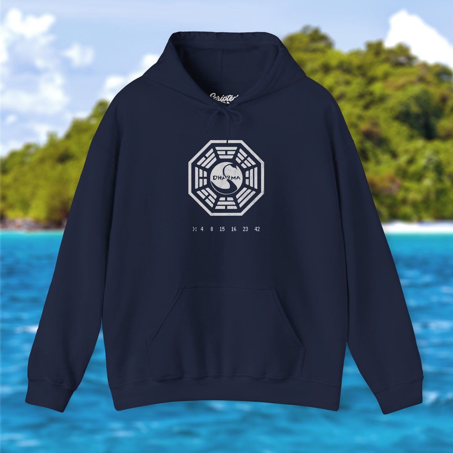Navy blue Soft Unisex Hoodie Heavy Blend Hooded Sweatshirt featuring the Dharma Initiative swan logo graphic from the TV show LOST in a vintage distressed ink-stamped worn-in style.
