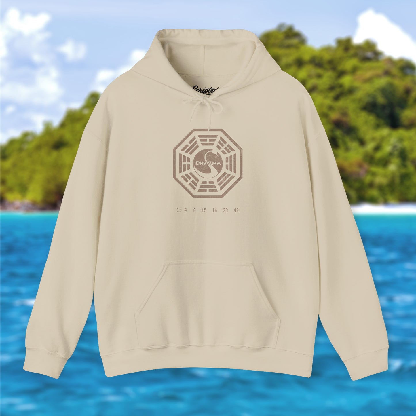 Sand colored Soft Unisex Hoodie Heavy Blend Hooded Sweatshirt featuring the Dharma Initiative swan logo graphic from the TV show LOST in a vintage distressed ink-stamped worn-in style.