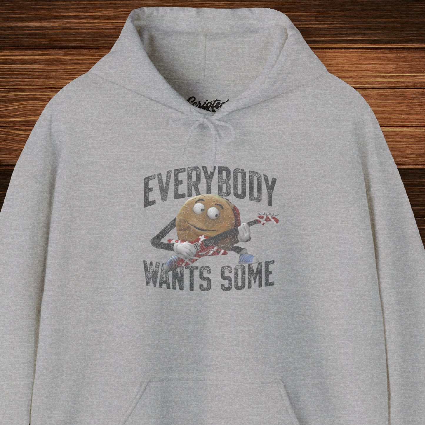 Front view of a sport athletic grey colored soft Unisex Hoodie Heavy Blend Hooded Sweatshirt featuring the phrase EVERYBODY WANTS SOME with a graphic of the Van Halen singing hamburger playing guitar from the movie Better Off Dead, designed by ScriptedBrand in a vintage distressed style.