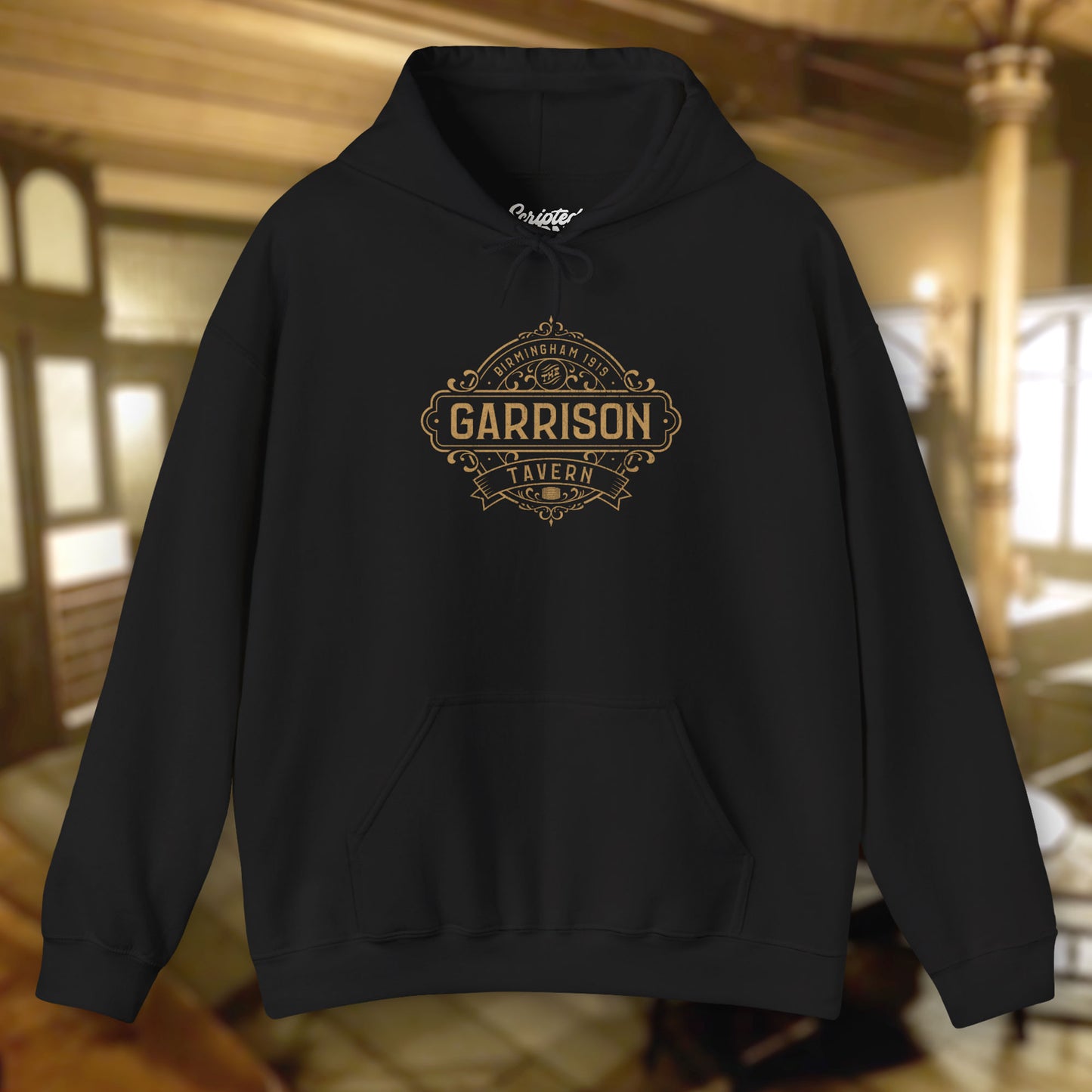 Front view of a black Soft Unisex Hoodie Heavy Blend Hooded Sweatshirts featuring the Garrison Tavern Bar Logo Graphic inspired by the TV show and movie Peaky Blinders in a vintage distressed style sold by ScriptedBrand.