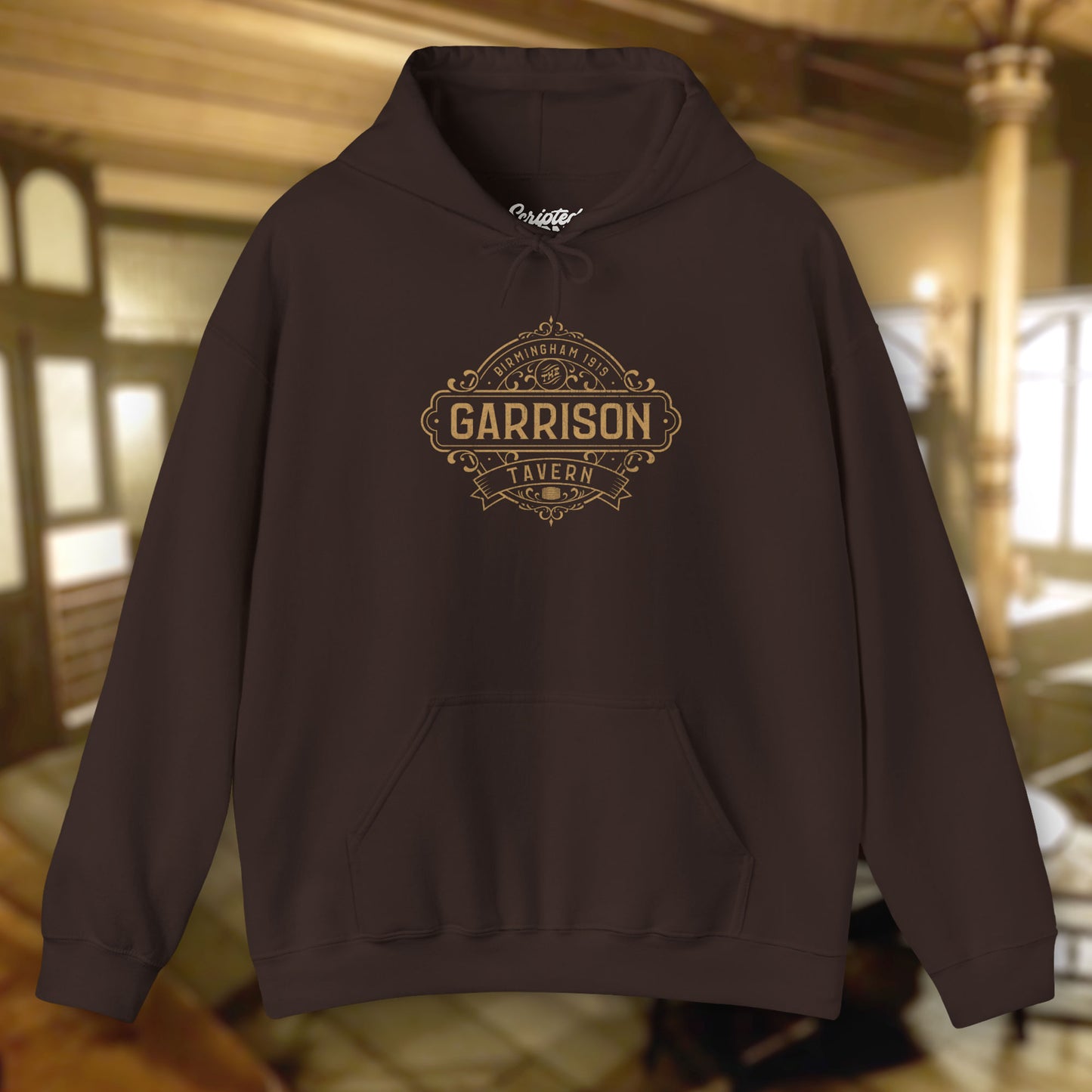 Front view of a dark chocolate Soft Unisex Hoodie Heavy Blend Hooded Sweatshirts featuring the Garrison Tavern Bar Logo Graphic inspired by the TV show and movie Peaky Blinders in a vintage distressed style sold by ScriptedBrand.