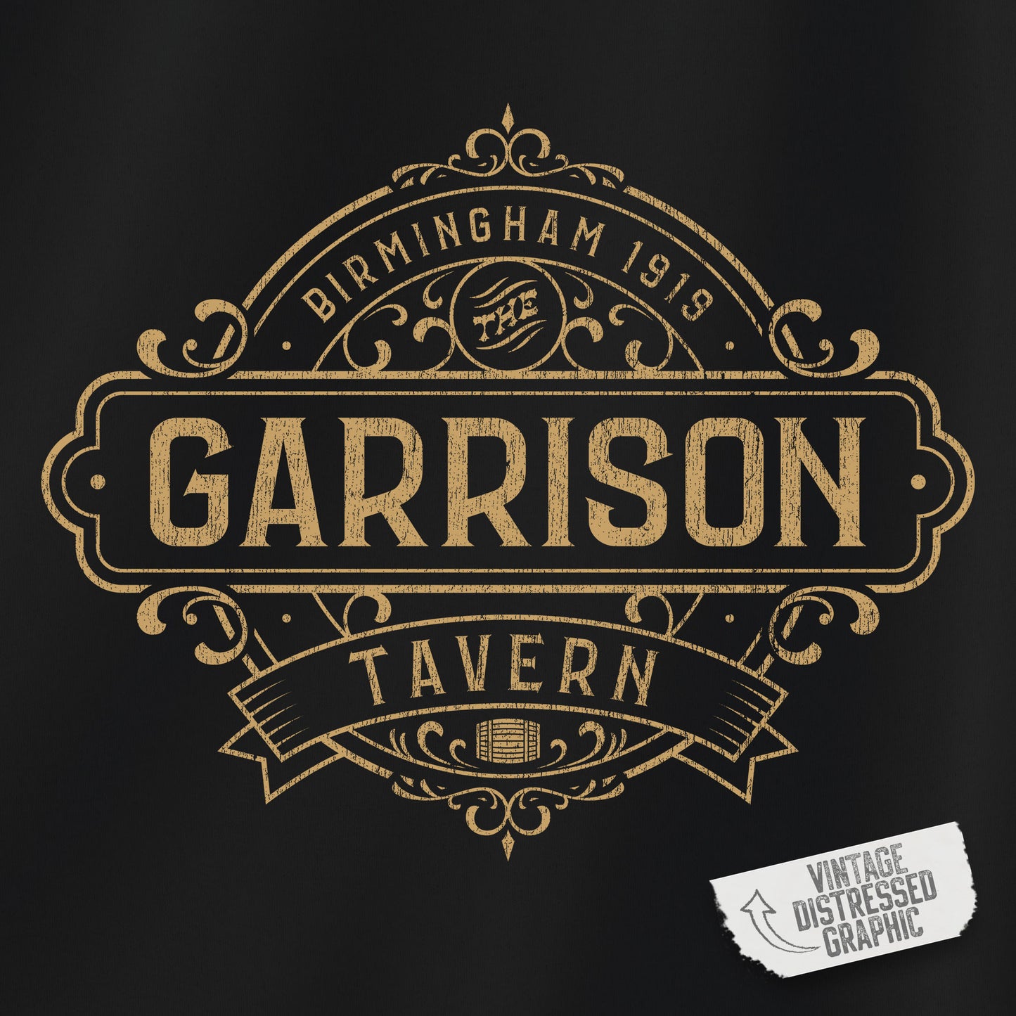 Closeup of a black Soft Unisex Hoodie Heavy Blend Hooded Sweatshirt featuring the Garrison Tavern Bar Logo Graphic inspired by the TV show and movie Peaky Blinders in a vintage distressed style sold by ScriptedBrand.