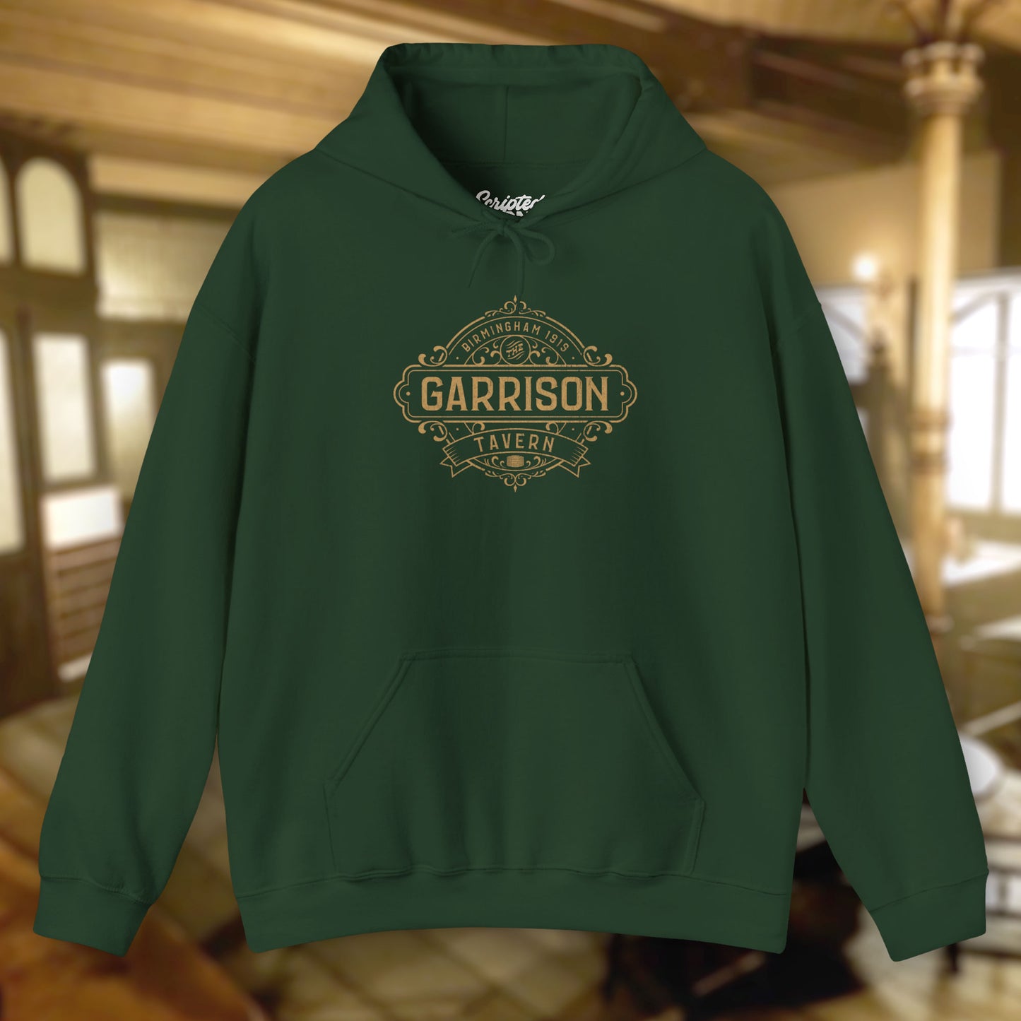 Front view of a forest green Soft Unisex Hoodie Heavy Blend Hooded Sweatshirts featuring the Garrison Tavern Bar Logo Graphic inspired by the TV show and movie Peaky Blinders in a vintage distressed style sold by ScriptedBrand.