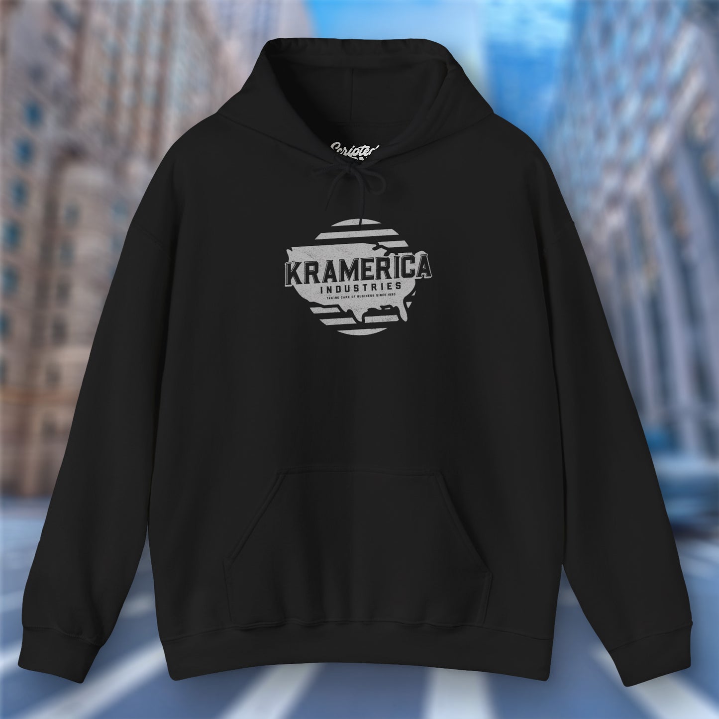 Black Hoodie Sweatshirt featuring a Kramerica logo inspired by Seinfeld, designed by ScriptedBrand in a vintage distressed style.