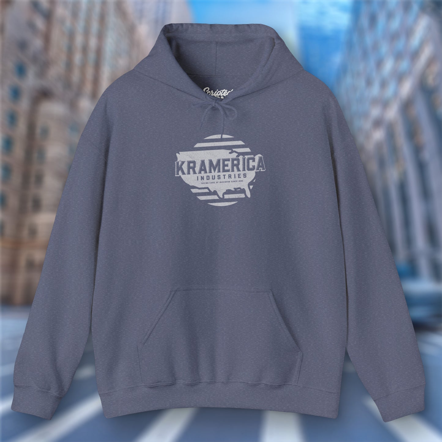 Heather Navy Hoodie Sweatshirt featuring a Kramerica logo inspired by Seinfeld, designed by ScriptedBrand in a vintage distressed style.