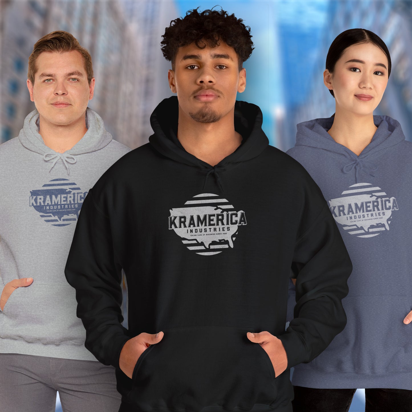 Three people wearing Hoodie Sweatshirts featuring a Kramerica logo inspired by Seinfeld, designed by ScriptedBrand in a vintage distressed style.