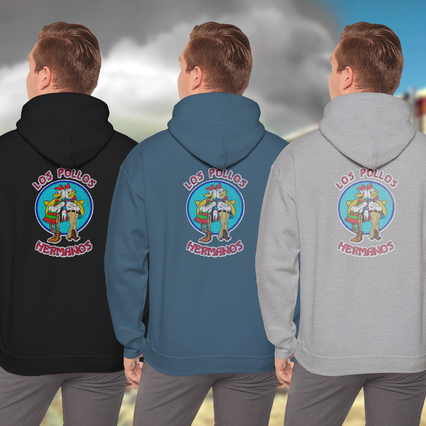 Back view of a Male model wearing Soft Unisex Hoodie Heavy Blend Hooded Sweatshirts featuring the Los Pollos Hermanos logo from the TV show Breaking Bad and Better Call Saul in a vintage distressed style. Logo is printed on both front and back of hoodie.