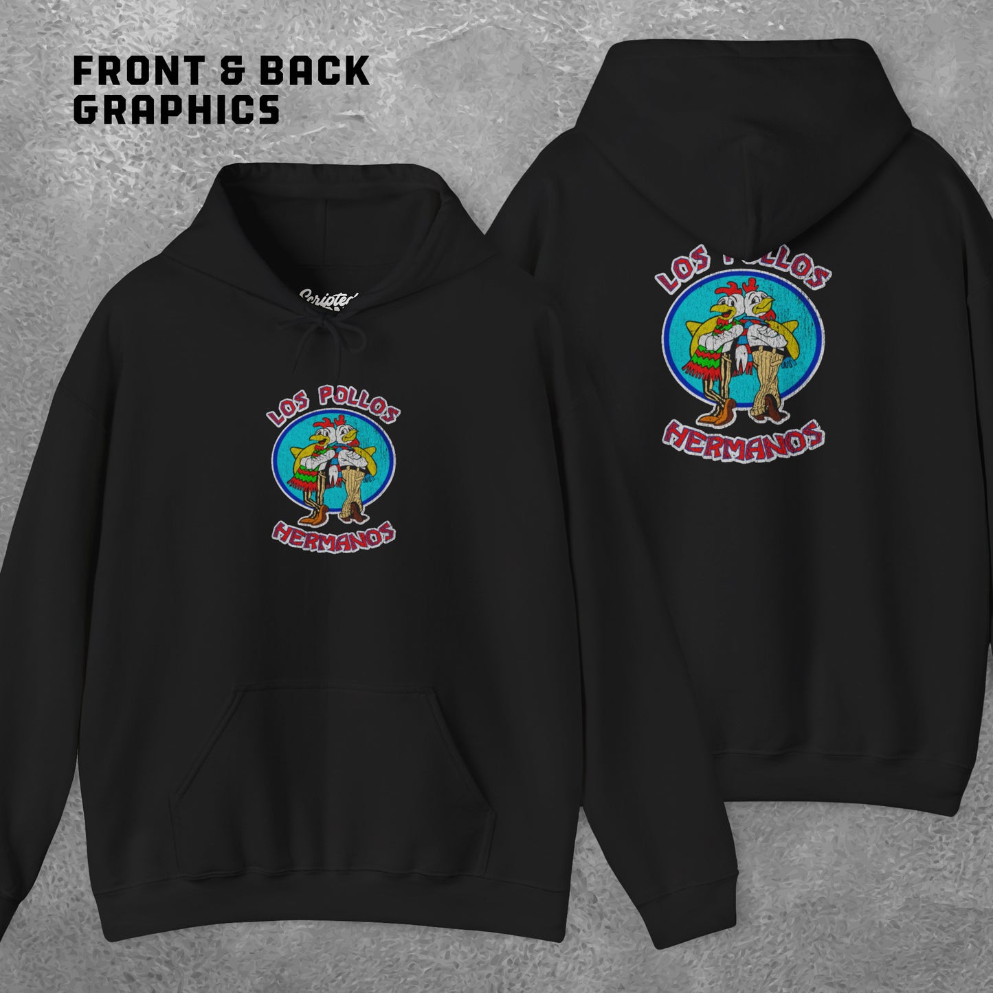 Front and back view of a black Soft Unisex Hoodie Heavy Blend Hooded Sweatshirt featuring the Los Pollos Hermanos logo from the TV show Breaking Bad and Better Call Saul in a vintage distressed style. Logo is printed on both front and back of hoodie.