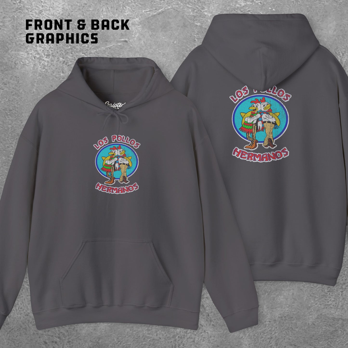 Front and back view of a charcoal gray Soft Unisex Hoodie Heavy Blend Hooded Sweatshirt featuring the Los Pollos Hermanos logo from the TV show Breaking Bad and Better Call Saul in a vintage distressed style. Logo is printed on both front and back of hoodie.