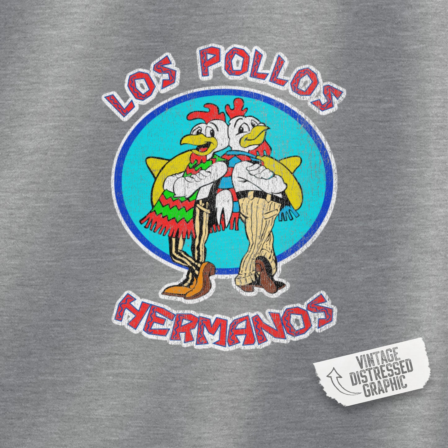 Closeup view of a sport heather gray Soft Unisex Hoodie Heavy Blend Hooded Sweatshirt featuring the Los Pollos Hermanos logo from the TV show Breaking Bad and Better Call Saul in a vintage distressed style. Logo is printed on both front and back of hoodie.