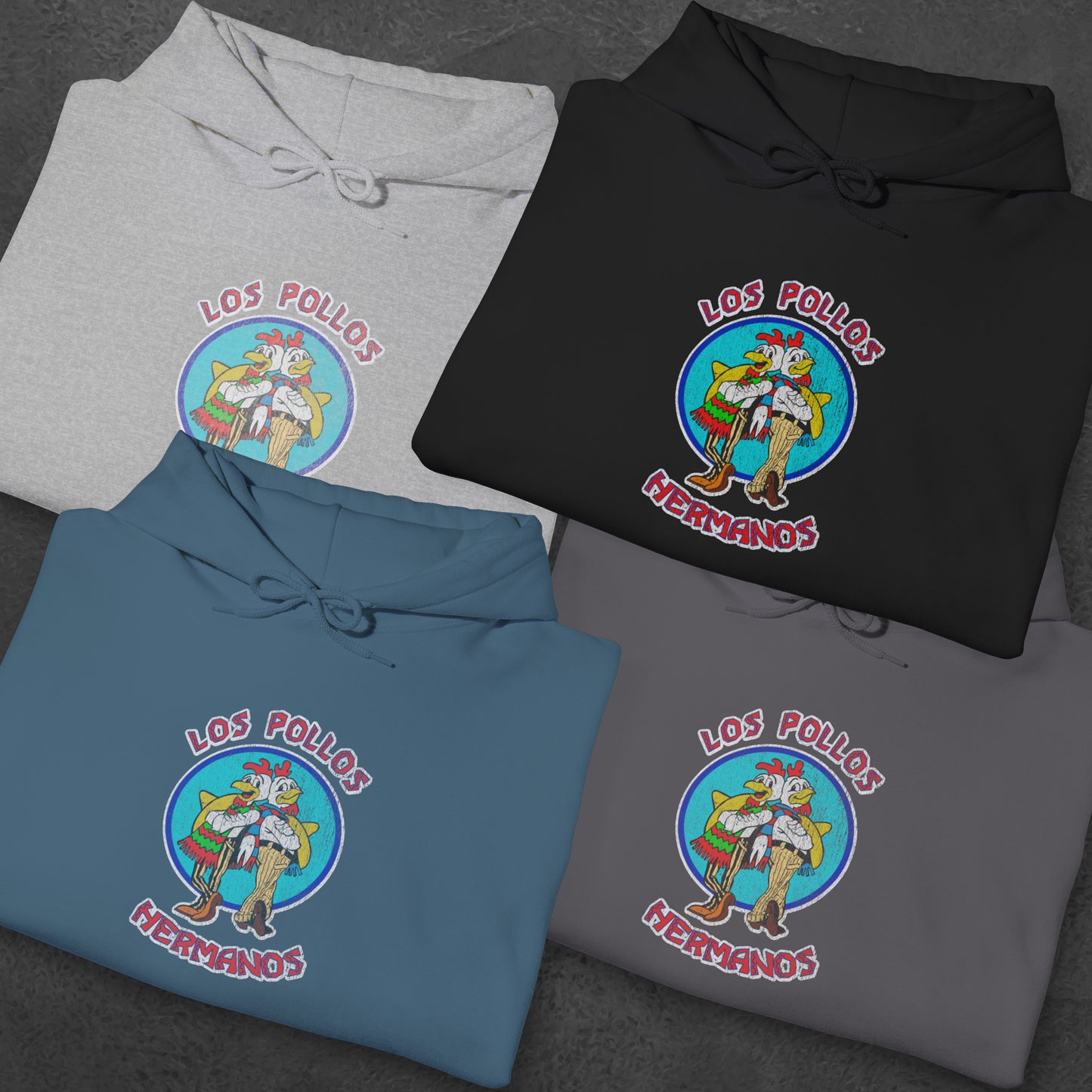 Group of 4 folded Soft Unisex Hoodie Heavy Blend Hooded Sweatshirts featuring the Los Pollos Hermanos logo from the TV show Breaking Bad and Better Call Saul in a vintage distressed style. Logo is printed on both front and back of hoodie.