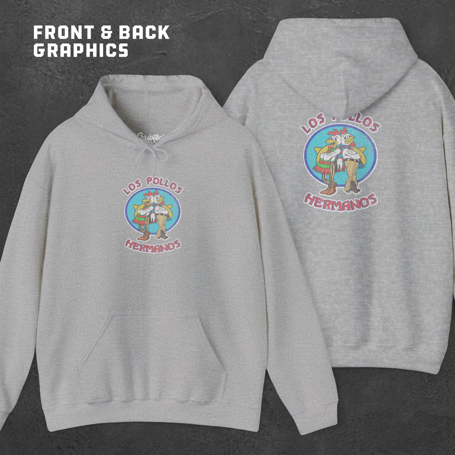 Front and back view of a sport heather gray Soft Unisex Hoodie Heavy Blend Hooded Sweatshirt featuring the Los Pollos Hermanos logo from the TV show Breaking Bad and Better Call Saul in a vintage distressed style. Logo is printed on both front and back of hoodie.