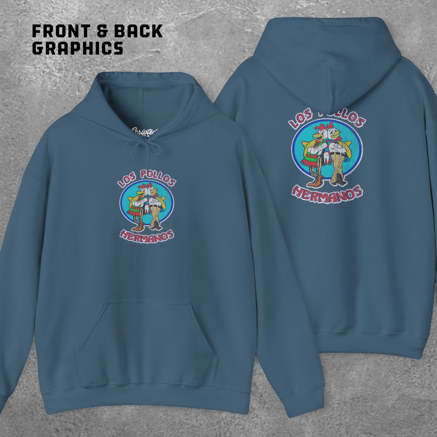 Front and back view of a indigo blue Soft Unisex Hoodie Heavy Blend Hooded Sweatshirt featuring the Los Pollos Hermanos logo from the TV show Breaking Bad and Better Call Saul in a vintage distressed style. Logo is printed on both front and back of hoodie.