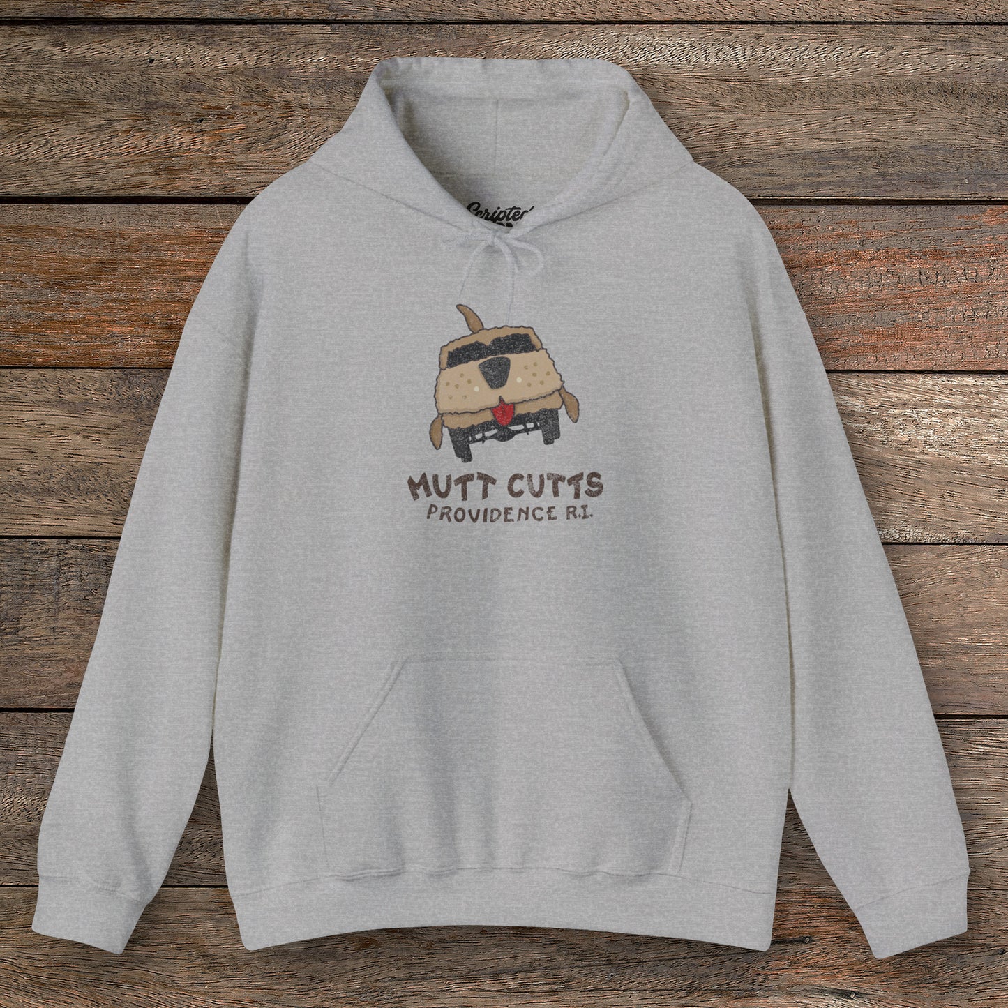 Front view of a sport heather grey colored soft Unisex Hoodie Heavy Blend Hooded Sweatshirt featuring a Mutt Cutts logo graphic inspired by the movie Dumb and Dumber, illustrated by ScriptedBrand in a vintage distressed style.