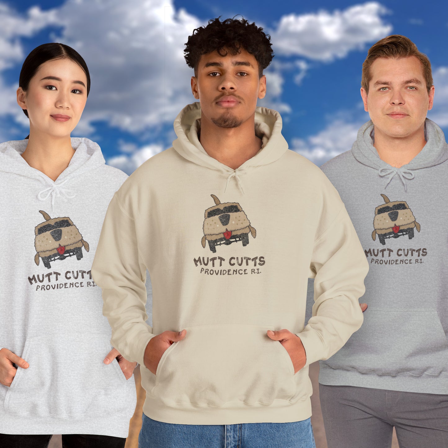 3 models wearing soft Unisex Hoodie Heavy Blend Hooded Sweatshirts featuring a Mutt Cutts logo graphic inspired by the movie Dumb and Dumber, illustrated by ScriptedBrand in a vintage distressed style.