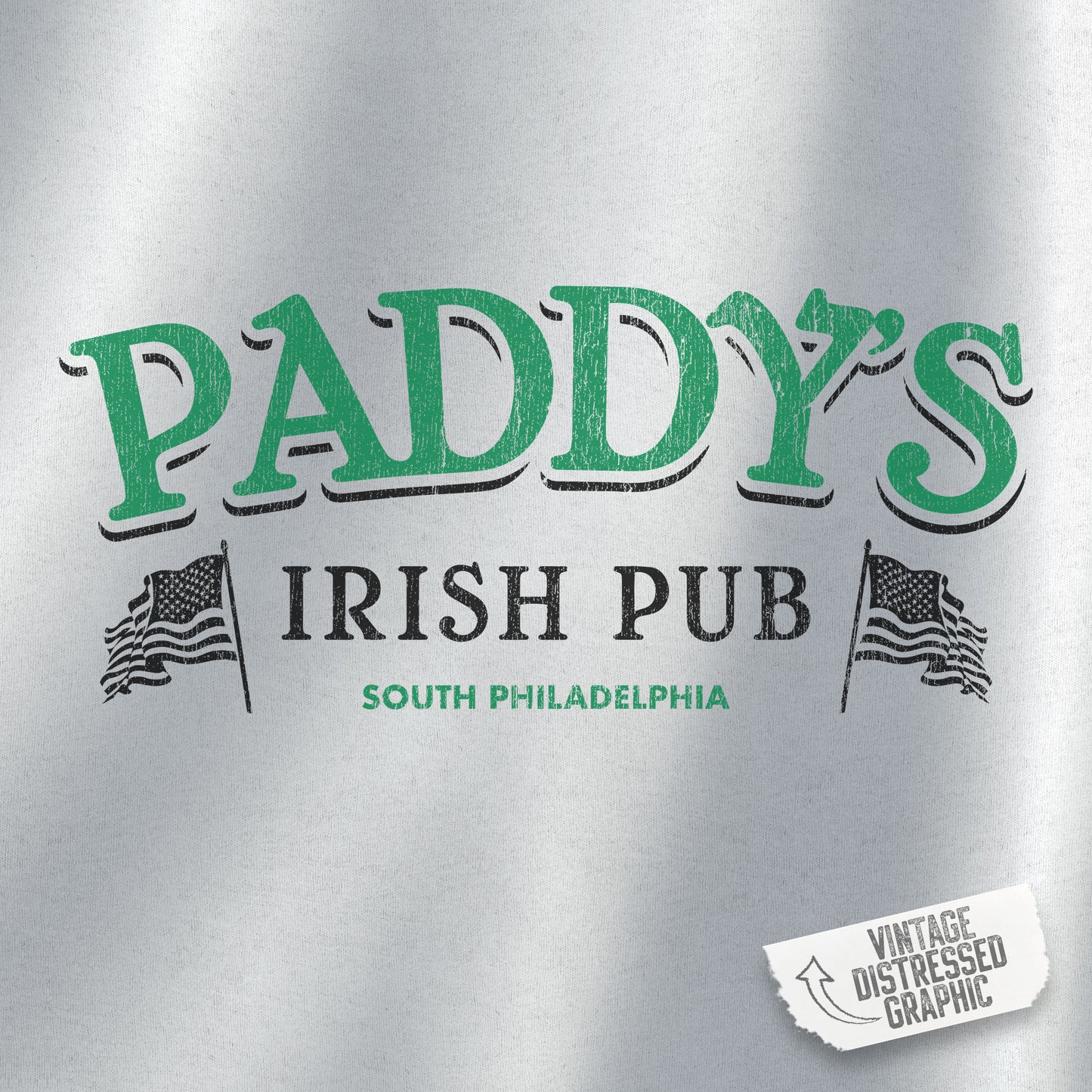 Closeup view of a sport heather grey colored soft unisex Hoodie Heavy Blend Hooded Sweatshirt featuring the green Paddy's Pub logo graphic from the TV Show It's Always Sunny in Philadelphia, in a vintage distressed style, sold by ScriptedBrand.
