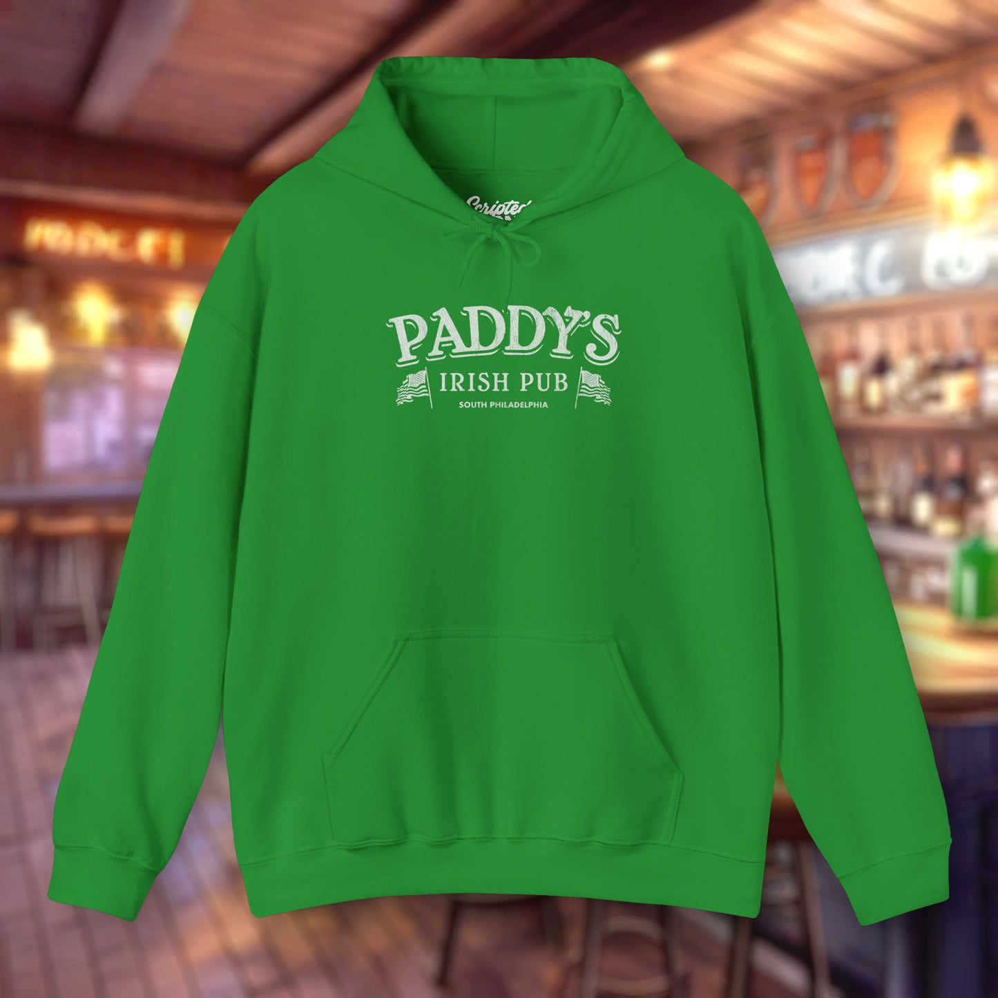 Front view of an Irish green colored soft unisex Hoodie Heavy Blend Hooded Sweatshirt featuring the Paddy's Pub logo graphic from the TV Show It's Always Sunny in Philadelphia, in a vintage distressed style, sold by ScriptedBrand.